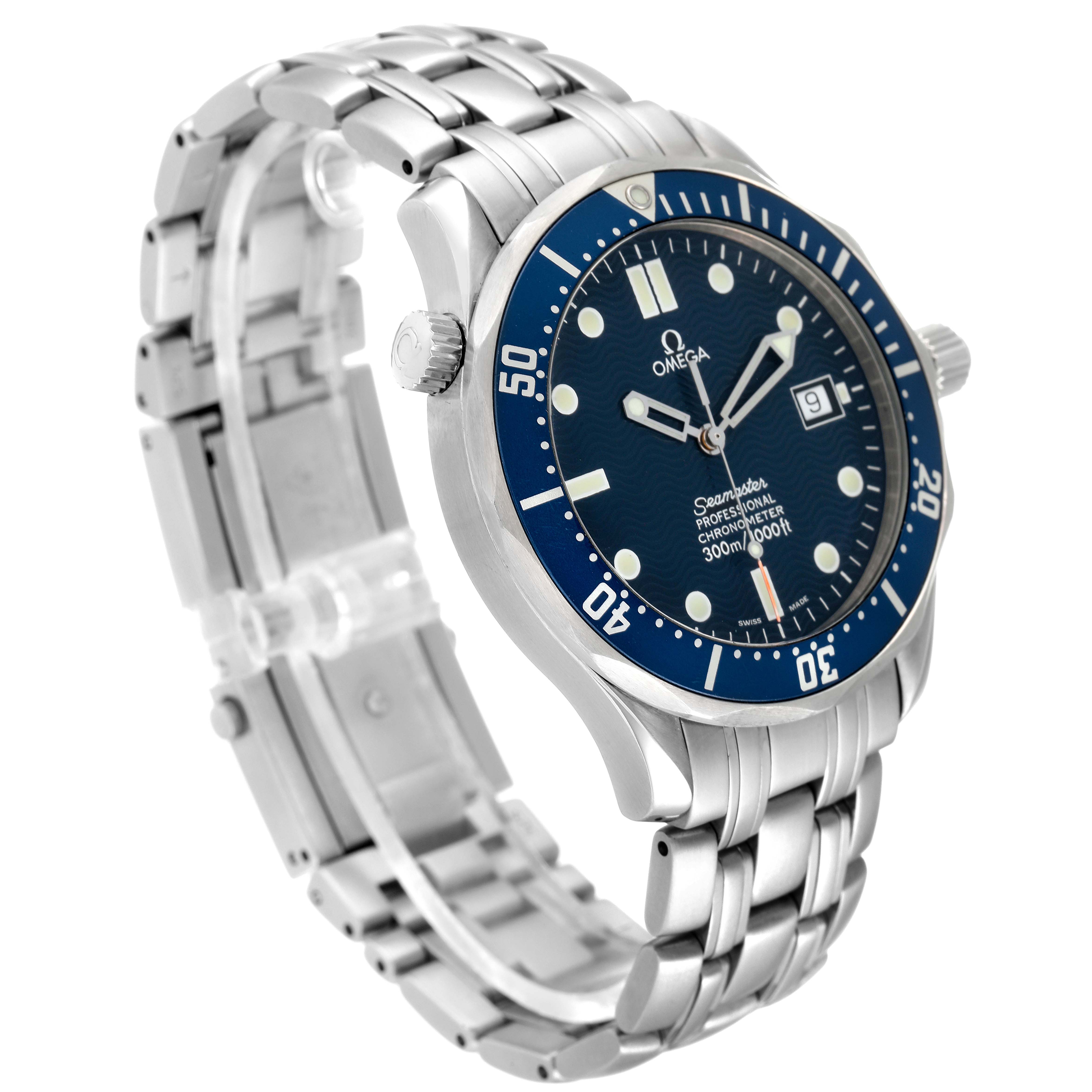 The image shows an angled view of the Omega Seamaster 2531.80.00 Men's Stainless Steel Blue Dial 2531.80.00 Men's Stainless Steel Blue Dial watch, highlighting the dial, bezel, case, and metal bracelet.