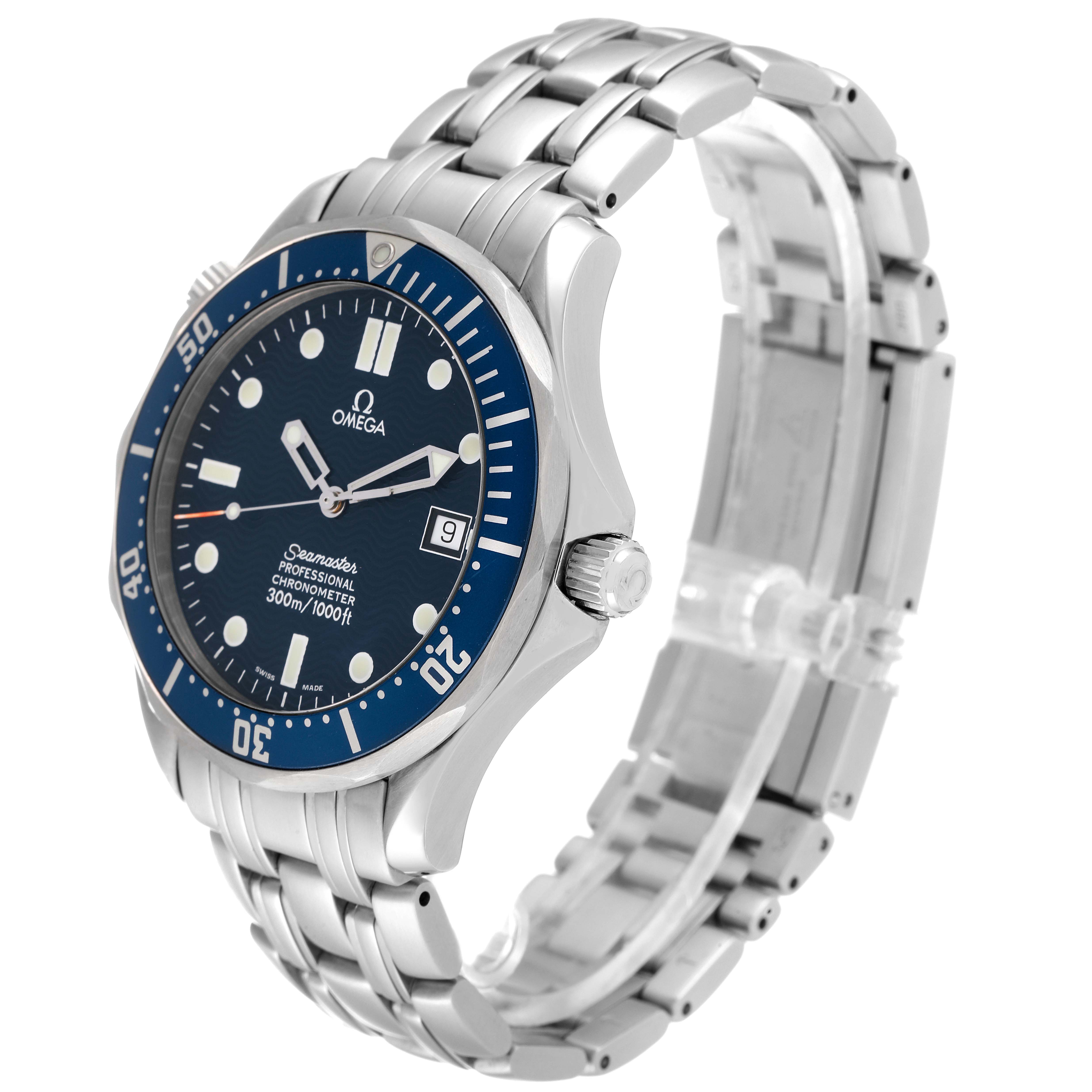 The image shows an Omega Seamaster 2531.80.00 Men's Stainless Steel Blue Dial 2531.80.00 Men's Stainless Steel Blue Dial watch at a three-quarter angle, highlighting the face, bezel, and stainless steel bracelet.