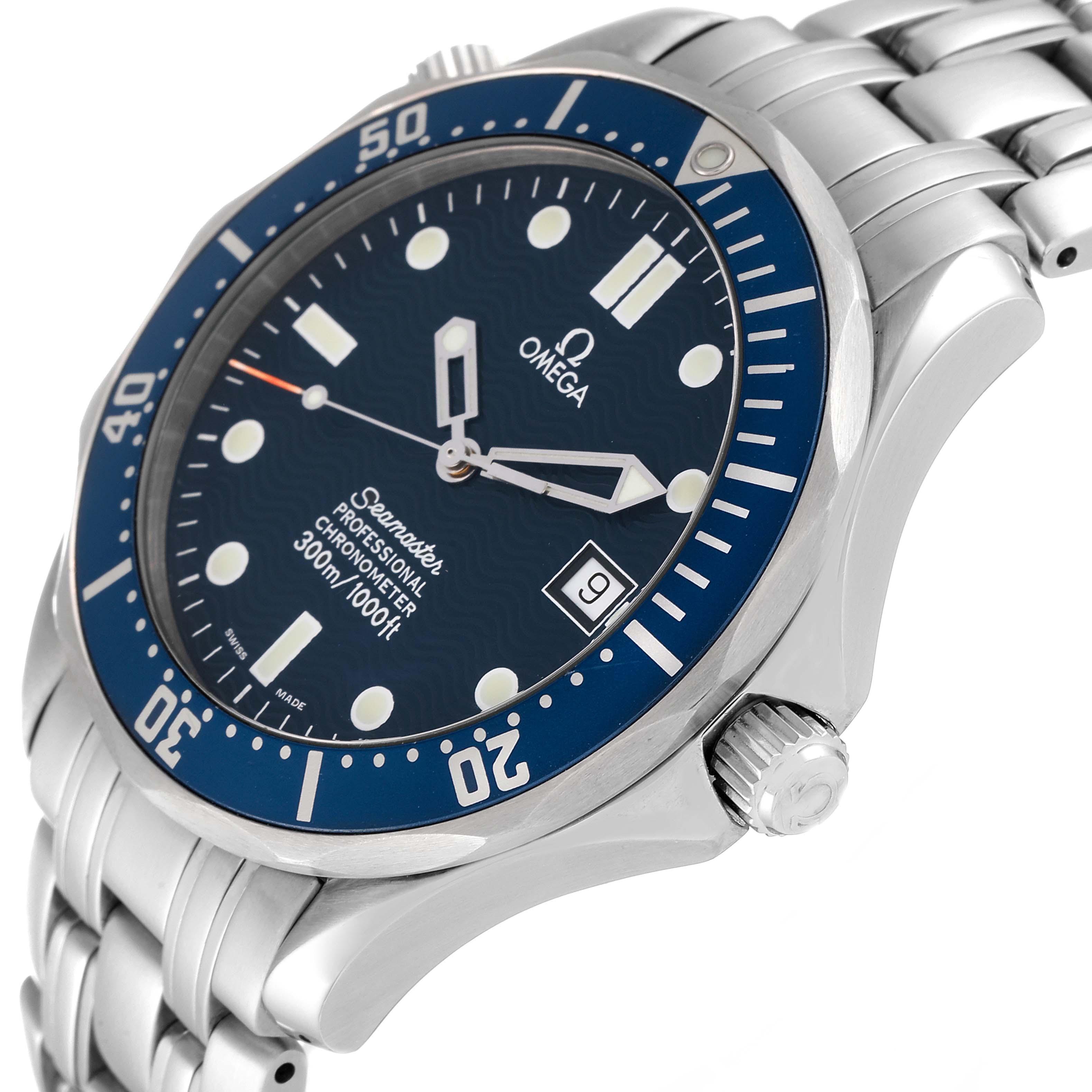 The image shows a close-up angle of the Omega Seamaster 2531.80.00 Men's Stainless Steel Blue Dial 2531.80.00 Men's Stainless Steel Blue Dial watch, highlighting its face, bezel, and portion of the bracelet.
