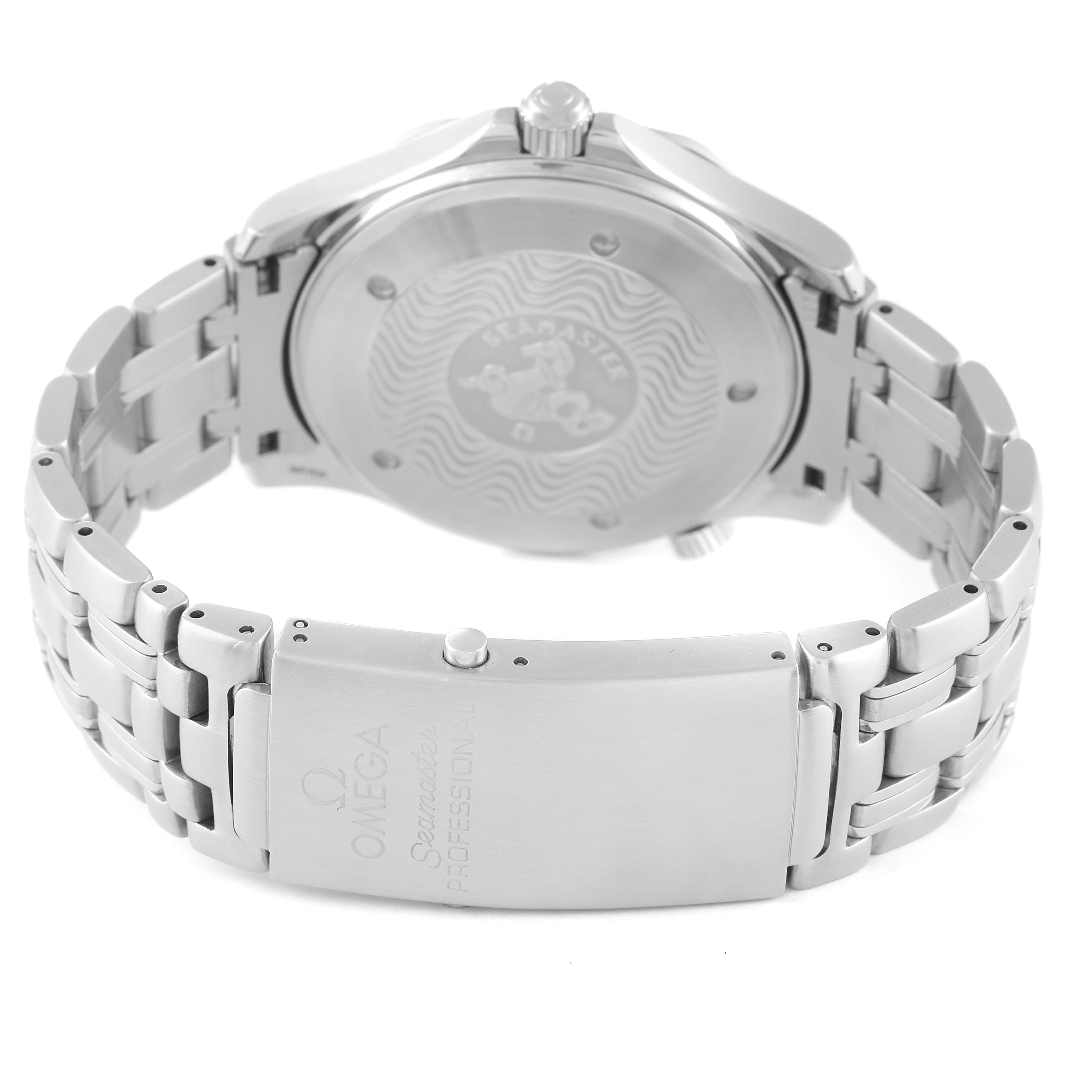 The image shows the back view of an Omega Seamaster 2531.80.00 Men's Stainless Steel Blue Dial 2531.80.00 Men's Stainless Steel Blue Dial watch, highlighting the case back and clasp of the metal bracelet.