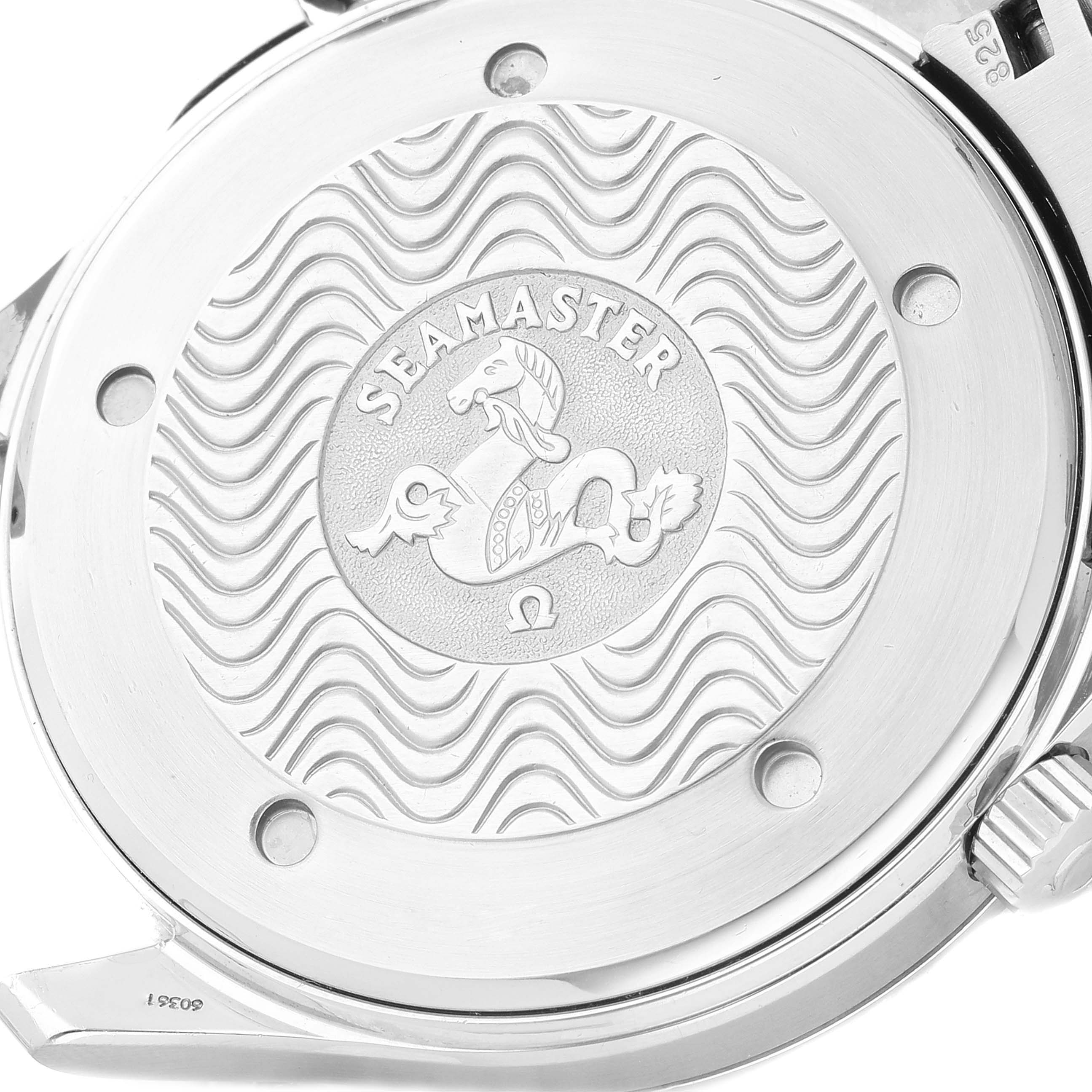 The image shows the engraved case back of an Omega Seamaster 2531.80.00 Men's Stainless Steel Blue Dial 2531.80.00 Men's Stainless Steel Blue Dial watch.