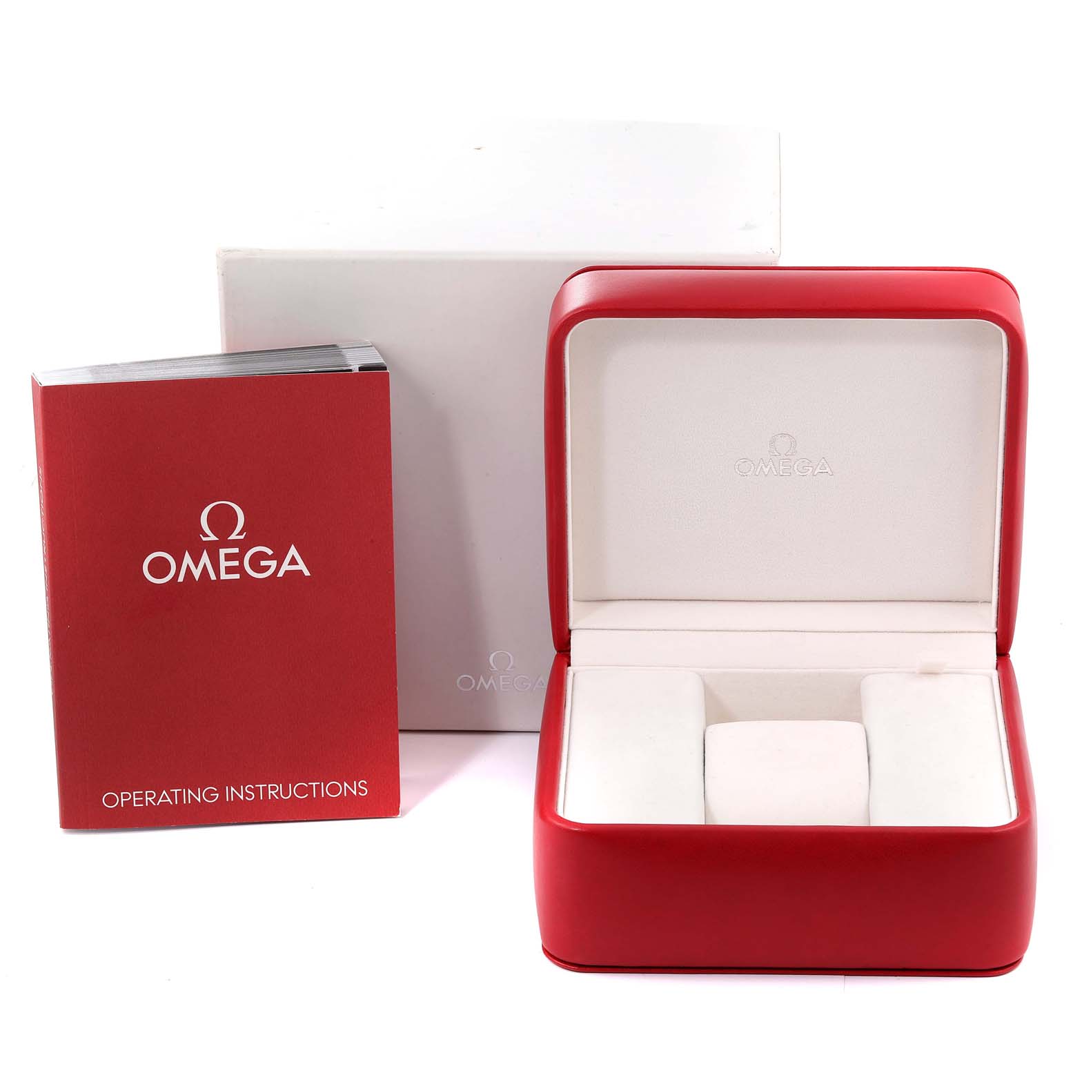 The image shows the Omega Seamaster 2531.80.00 Men's Stainless Steel Blue Dial 2531.80.00 Men's Stainless Steel Blue Dial's open red watch box, outer white box, and operating instructions at a straight-on angle.