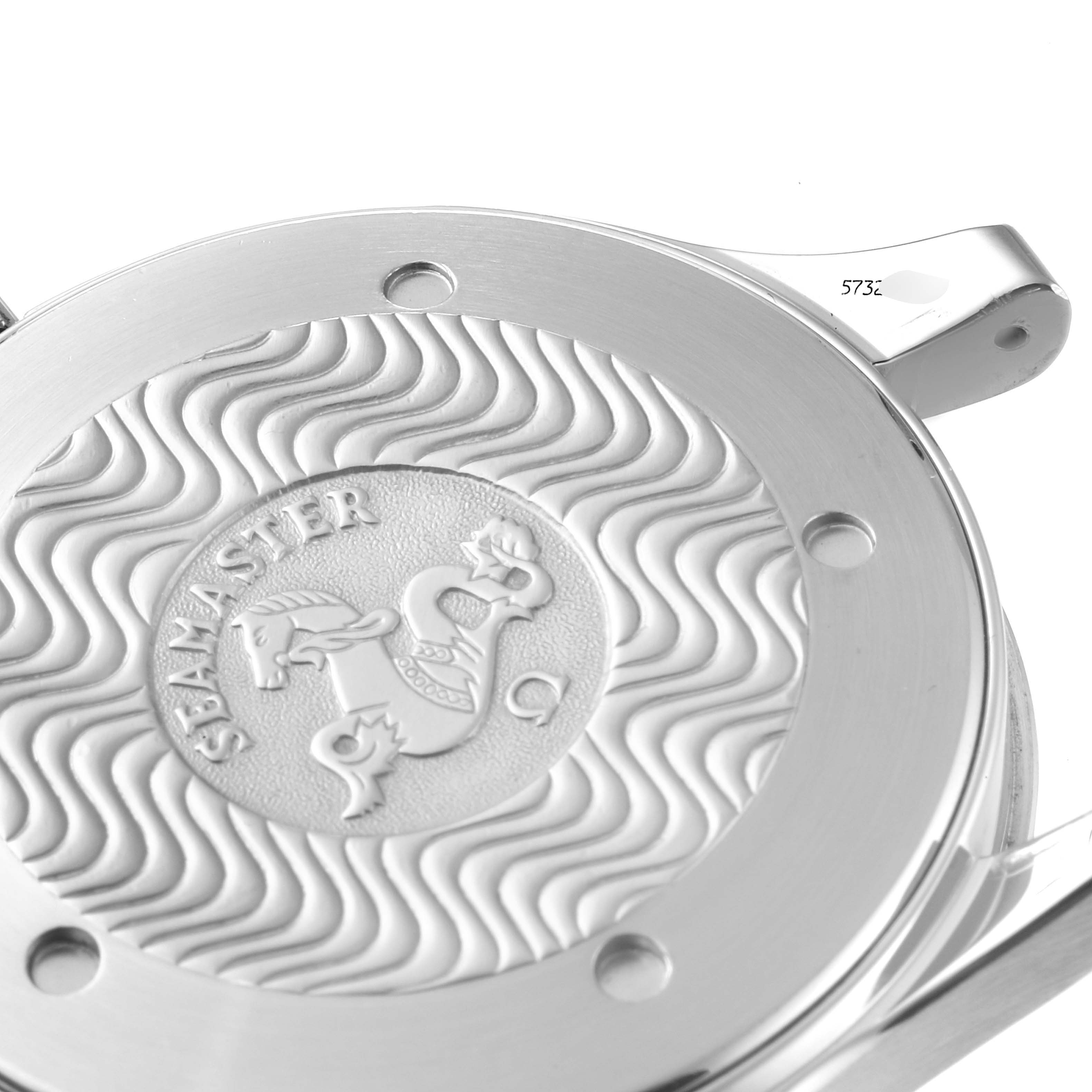 The image shows the intricate case back of an Omega Seamaster 2541.80.00 Men's Stainless Steel Blue Dial 2541.80.00 Men's Stainless Steel Blue Dial watch from a top-down angle.