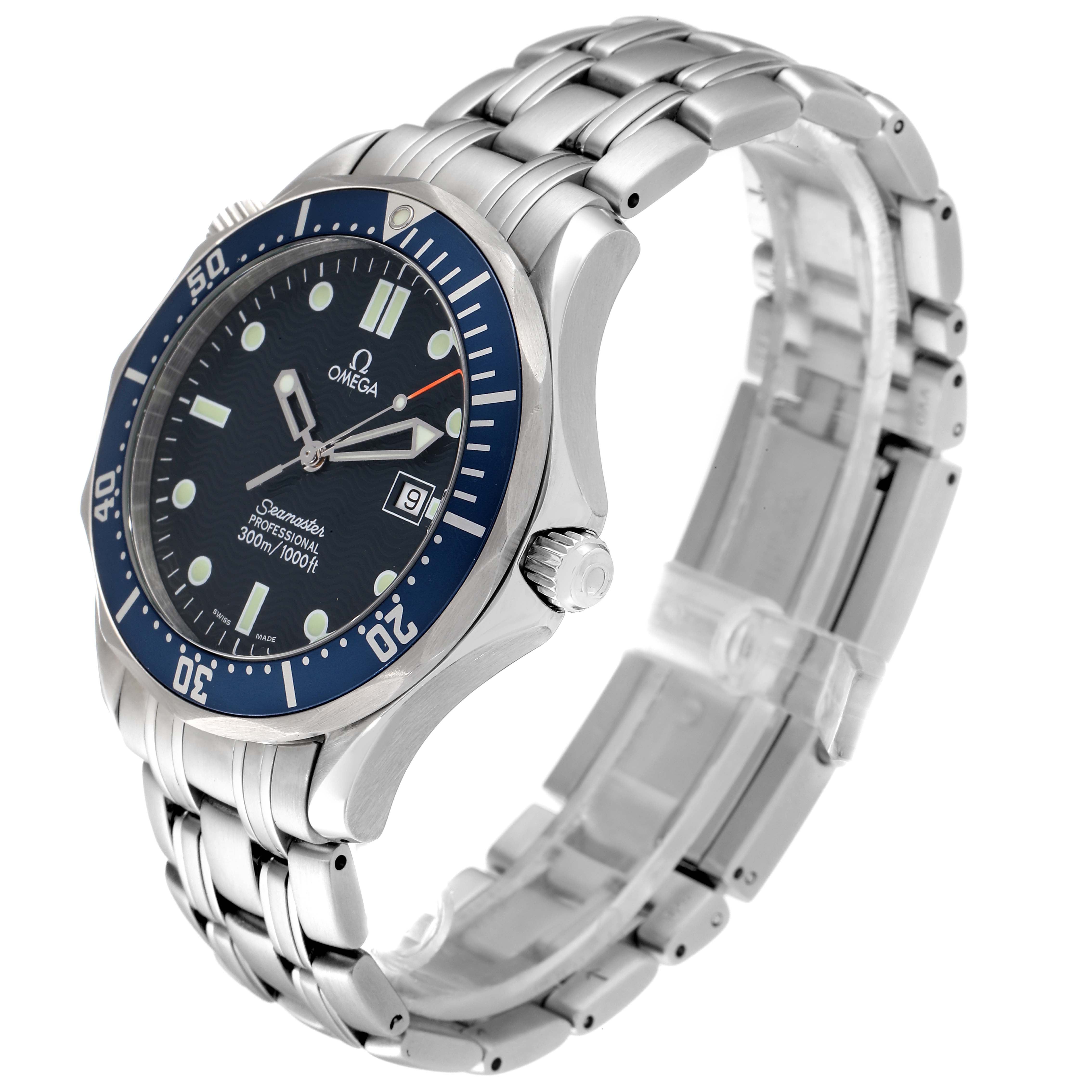 The image shows a side view of the Omega Seamaster 2541.80.00 Men's Stainless Steel Blue Dial 2541.80.00 Men's Stainless Steel Blue Dial watch, highlighting the dial, bezel, case, and metal bracelet.
