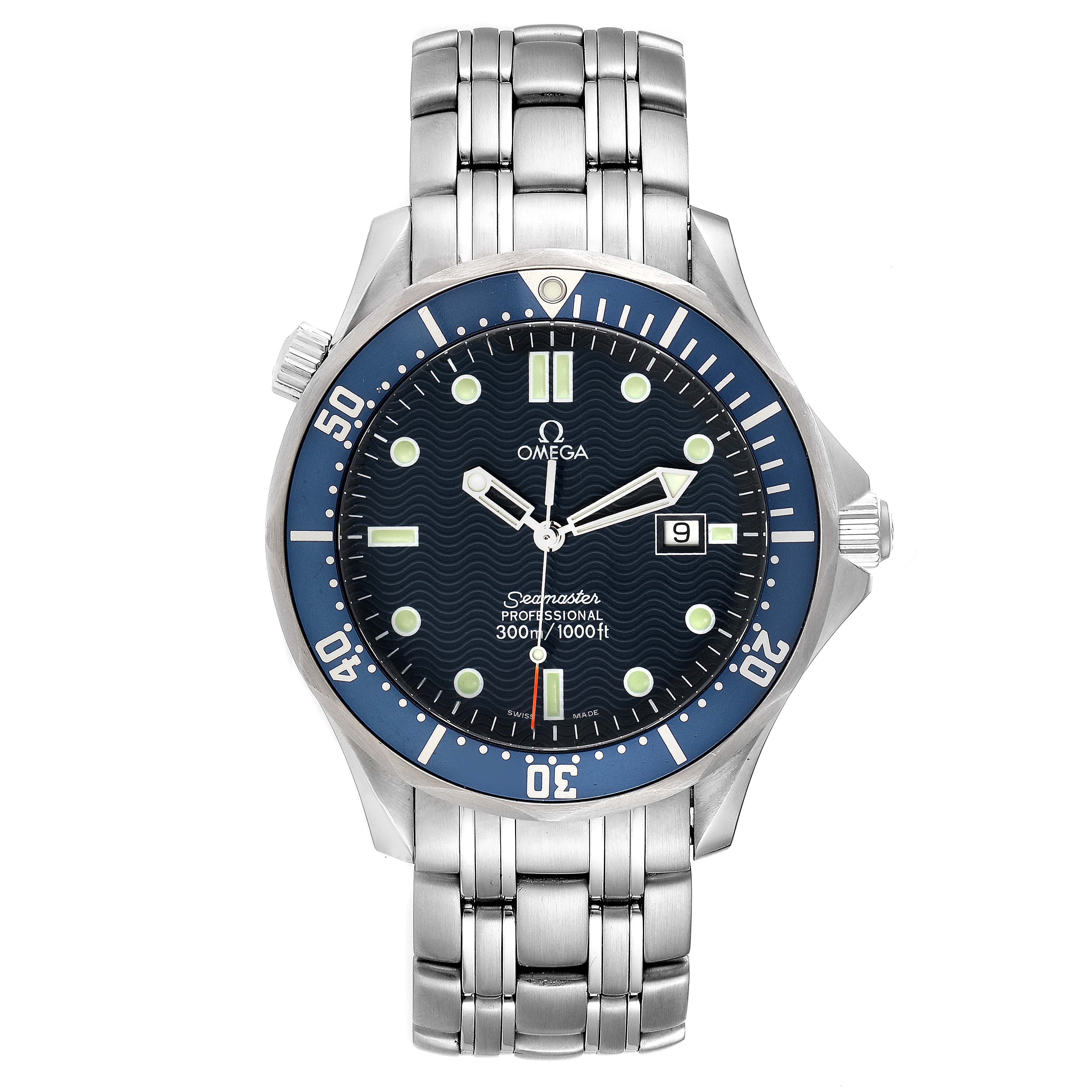 The Omega Seamaster 2541.80.00 Men's Stainless Steel Blue Dial 2541.80.00 Men's Stainless Steel Blue Dial watch is shown from the front, displaying the dial, bezel, and bracelet.