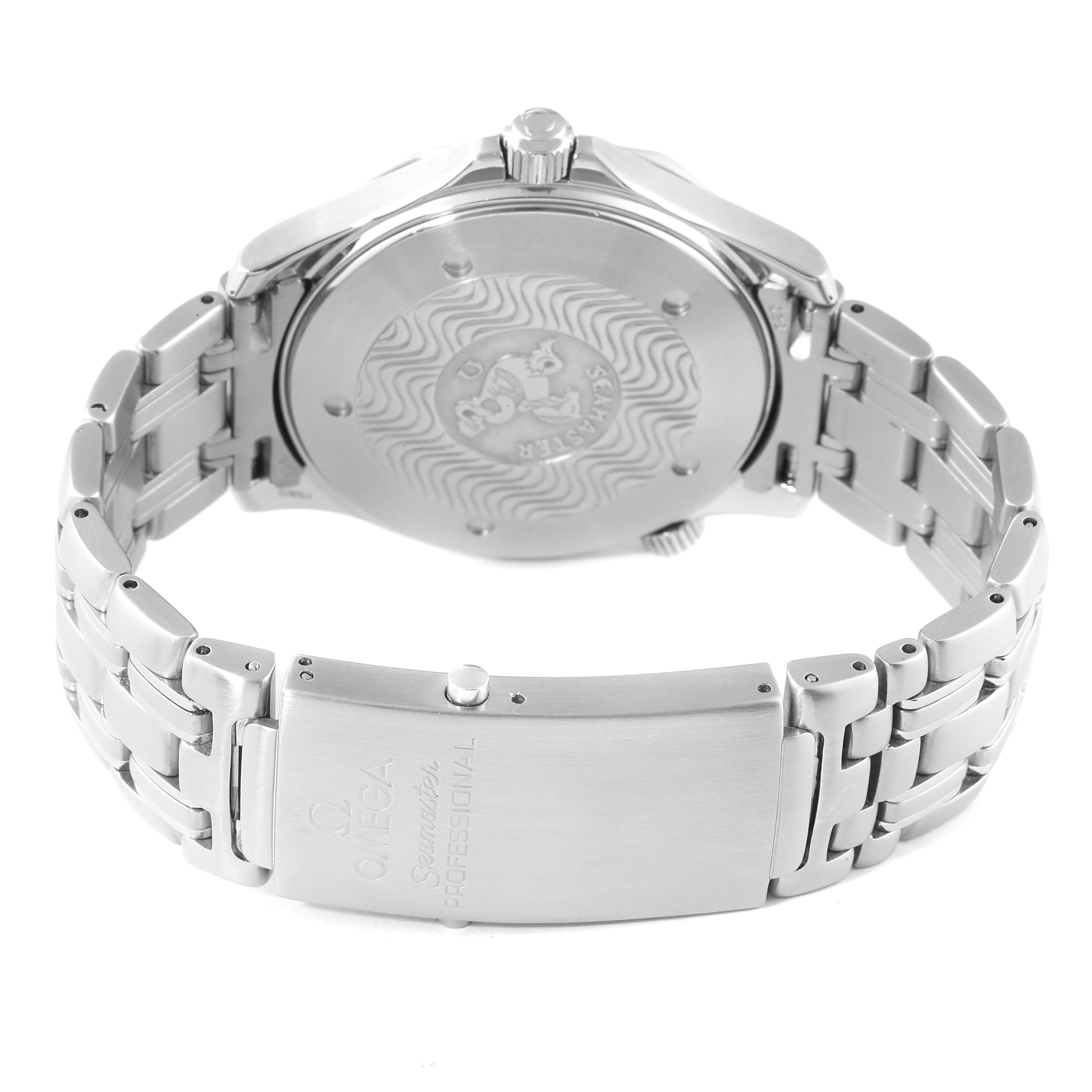 The image shows the back view of the Omega Seamaster 2541.80.00 Men's Stainless Steel Blue Dial 2541.80.00 Men's Stainless Steel Blue Dial watch, highlighting the case back, bracelet, and clasp.