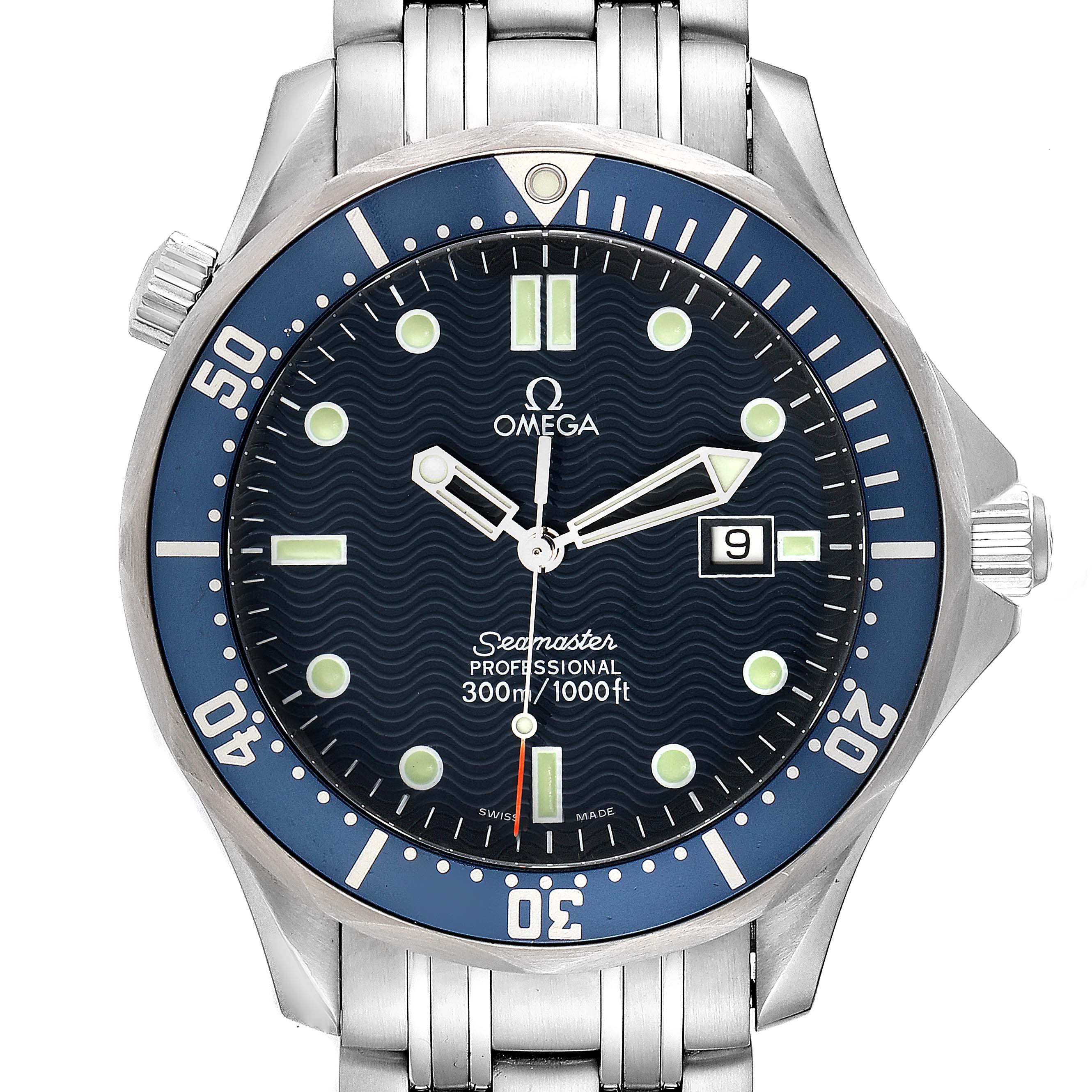The Omega Seamaster 2541.80.00 Men's Stainless Steel Blue Dial 2541.80.00 Men's Stainless Steel Blue Dial watch is shown from a front angle, featuring the face, bezel, and part of the bracelet.