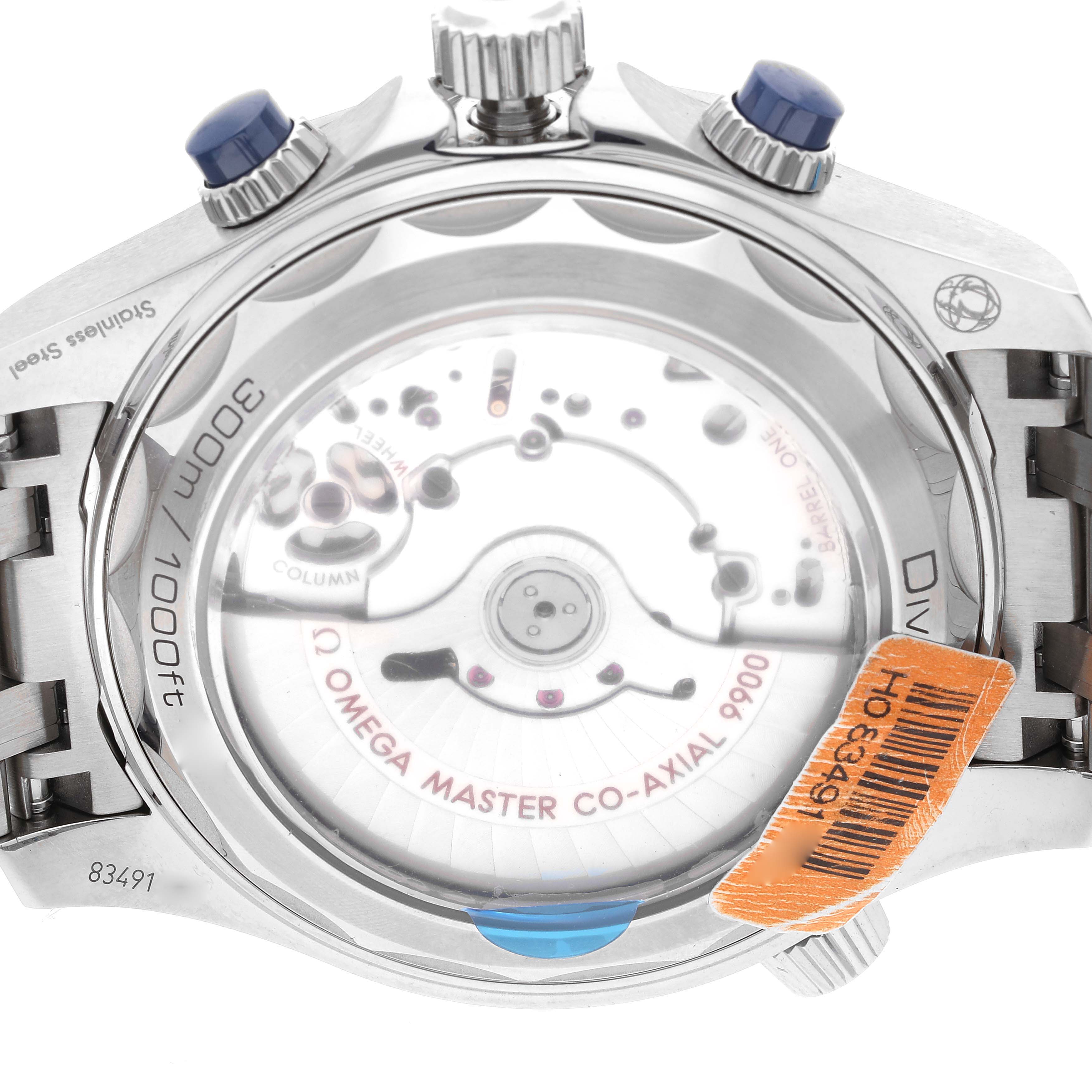 This image shows the back of the Omega Seamaster 210.30.44.51.06.001 Men's Stainless Steel Blue Dial 210.30.44.51.06.001 Men's Stainless Steel Blue Dial watch, featuring its transparent case back and internal mechanism.