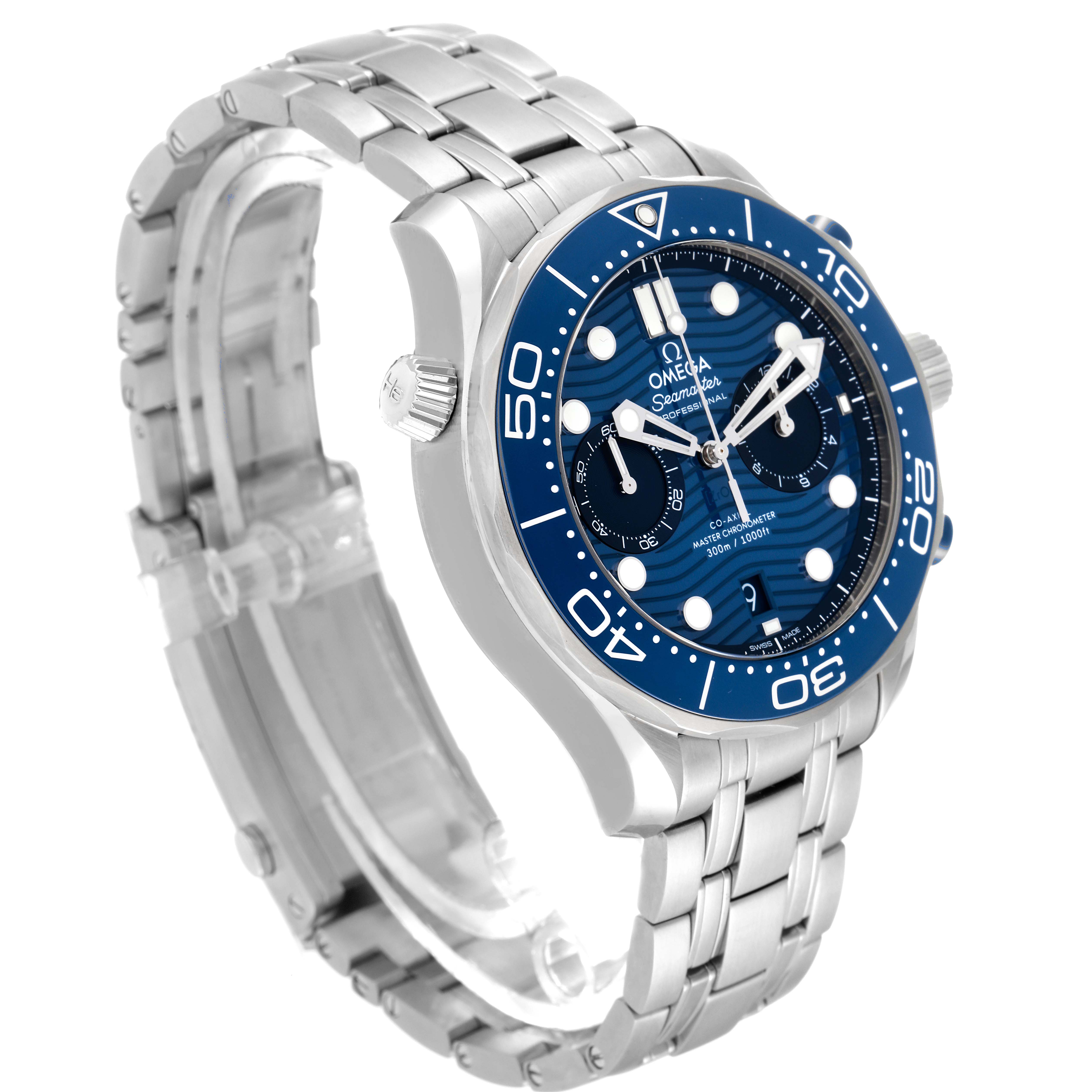 The Omega Seamaster 210.30.44.51.06.001 Men's Stainless Steel Blue Dial 210.30.44.51.06.001 Men's Stainless Steel Blue Dial watch is shown at a three-quarter angle, highlighting its blue dial, bezel, and stainless steel bracelet.