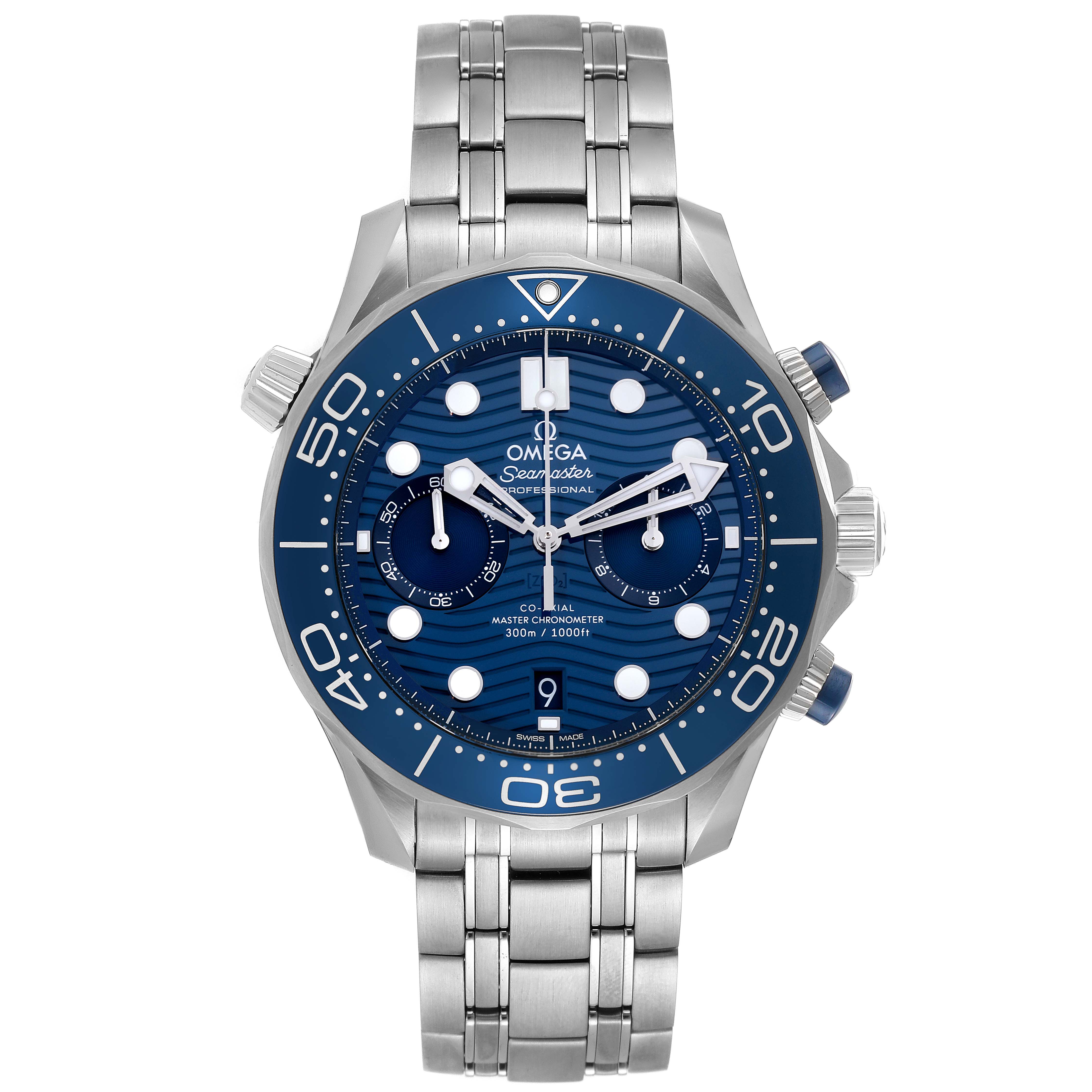 The Omega Seamaster 210.30.44.51.06.001 Men's Stainless Steel Blue Dial 210.30.44.51.06.001 Men's Stainless Steel Blue Dial watch is shown from a front angle, displaying its blue dial, bezel, and stainless steel bracelet.