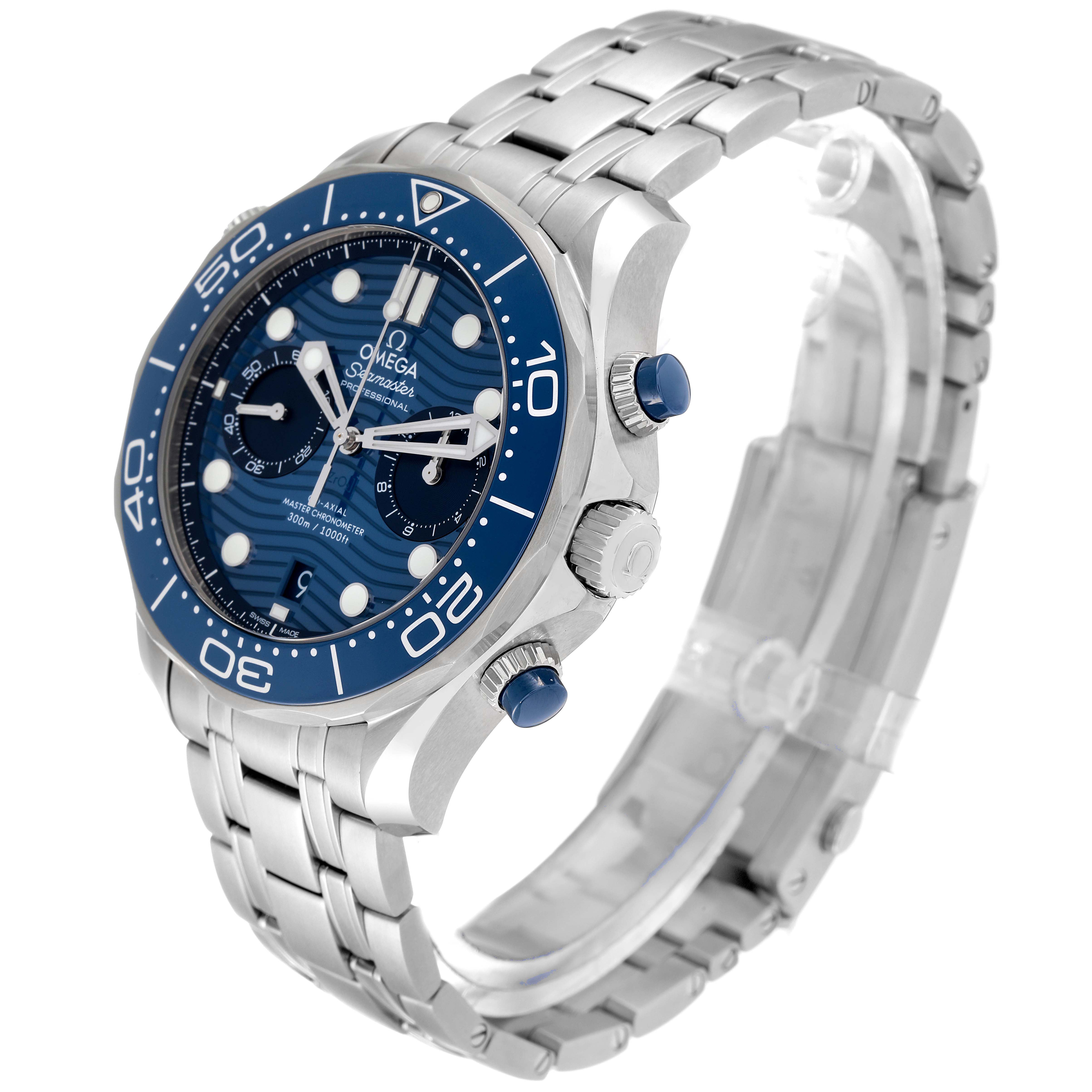 This image shows a side and angled view of the Omega Seamaster 210.30.44.51.06.001 Men's Stainless Steel Blue Dial 210.30.44.51.06.001 Men's Stainless Steel Blue Dial watch, highlighting its dial, bezel, and bracelet.