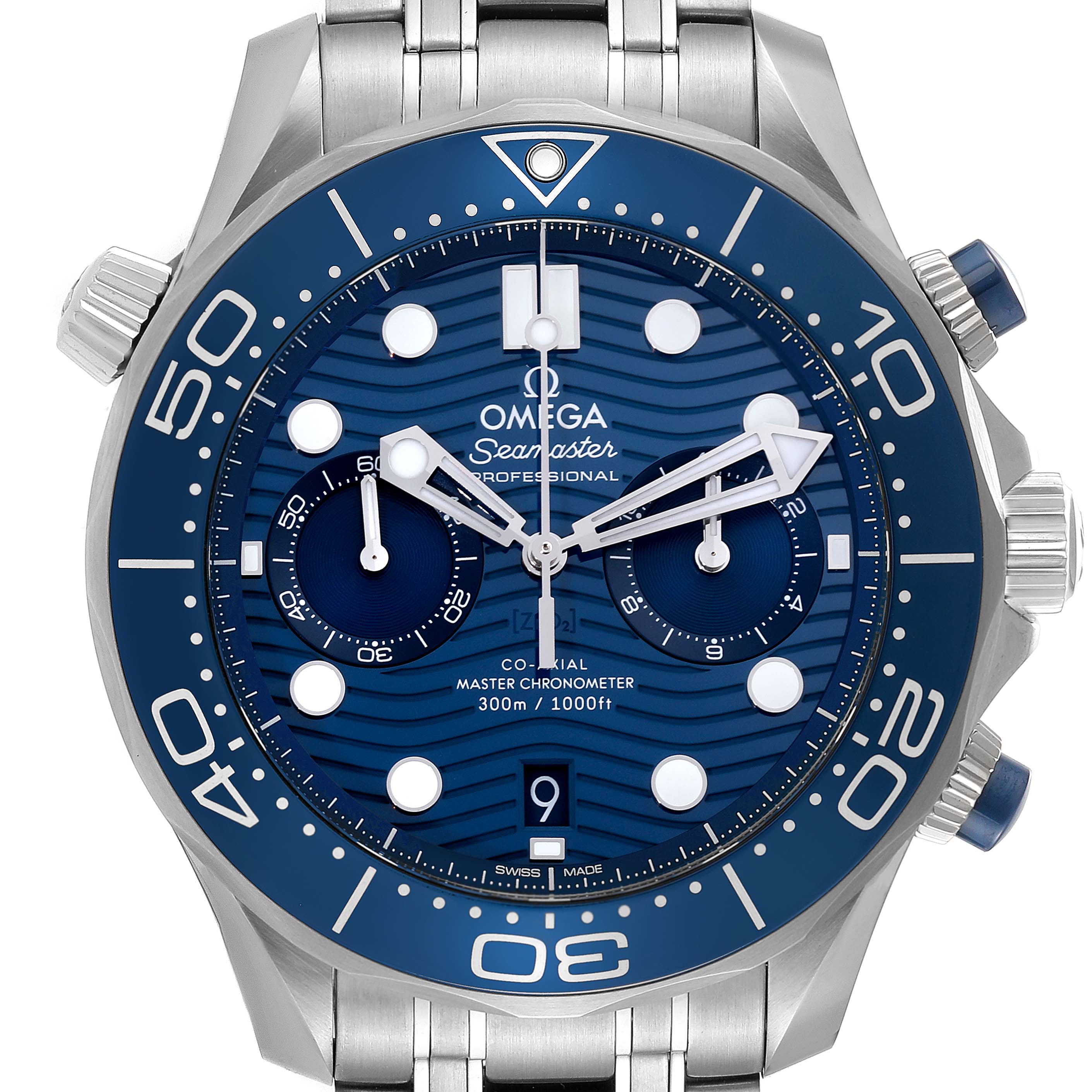 The image shows a front view of the Omega Seamaster 210.30.44.51.06.001 Men's Stainless Steel Blue Dial 210.30.44.51.06.001 Men's Stainless Steel Blue Dial watch, featuring its dial, bezel, and partially its bracelet.