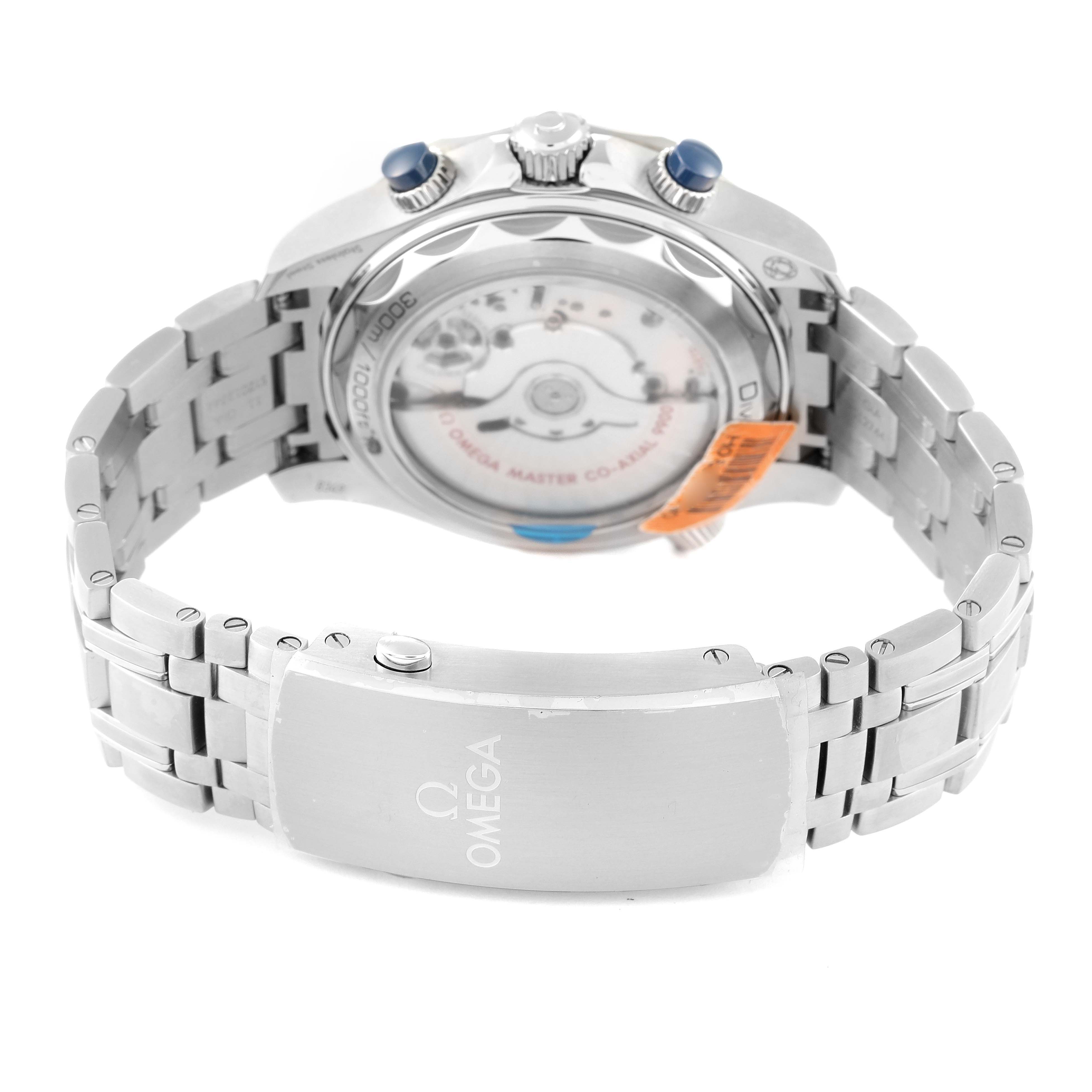 The image shows the back view of an Omega Seamaster 210.30.44.51.06.001 Men's Stainless Steel Blue Dial 210.30.44.51.06.001 Men's Stainless Steel Blue Dial watch, highlighting its bracelet and open case back displaying the movement.