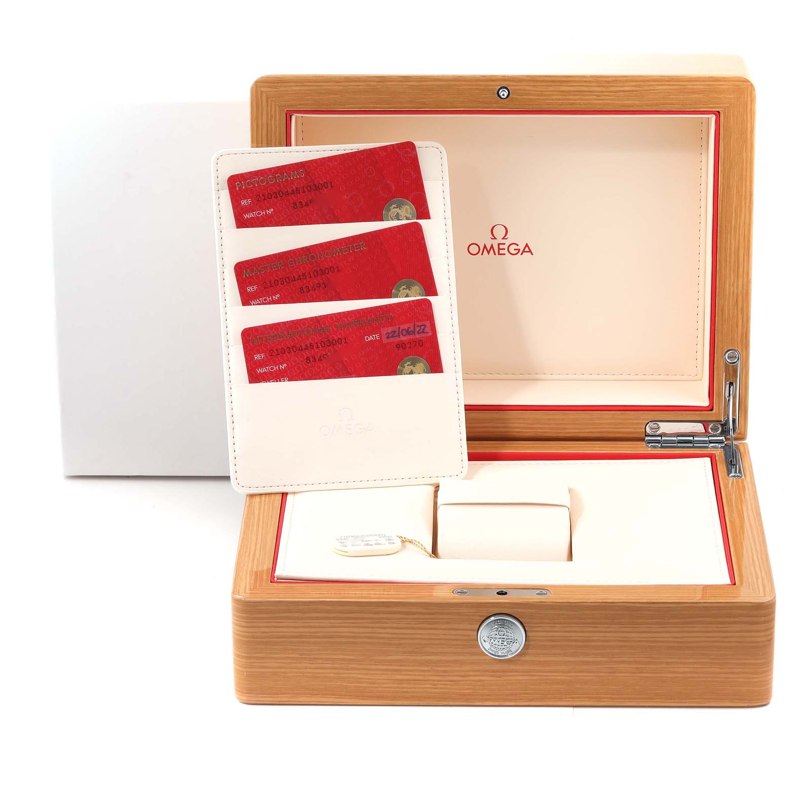 The image shows an Omega Seamaster 210.30.44.51.06.001 Men's Stainless Steel Blue Dial 210.30.44.51.06.001 Men's Stainless Steel Blue Dial watch box, warranty cards, and a cardholder from a front angle.