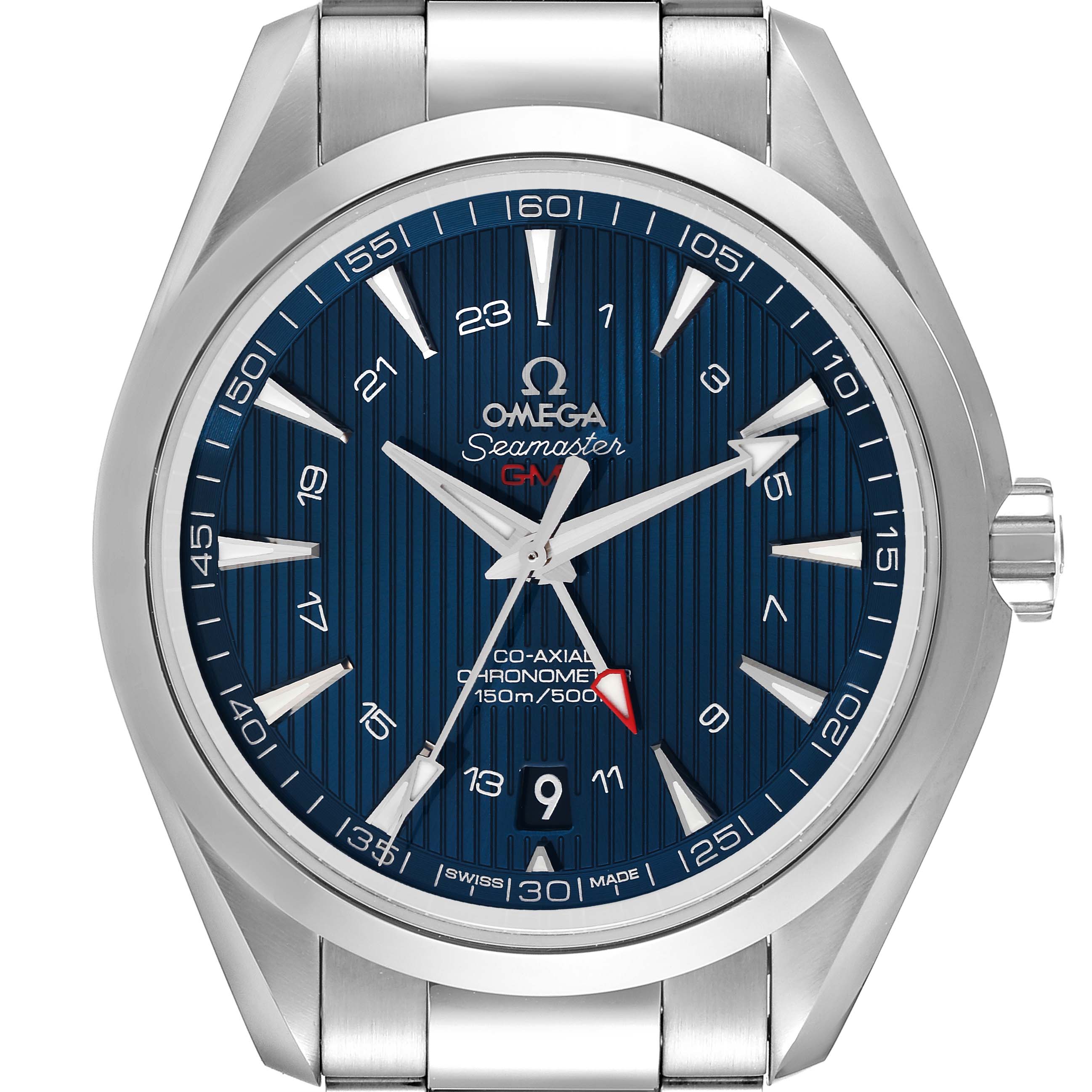 The image shows a frontal view of the Omega Seamaster Aqua Terra watch featuring a blue dial and stainless steel case and band.