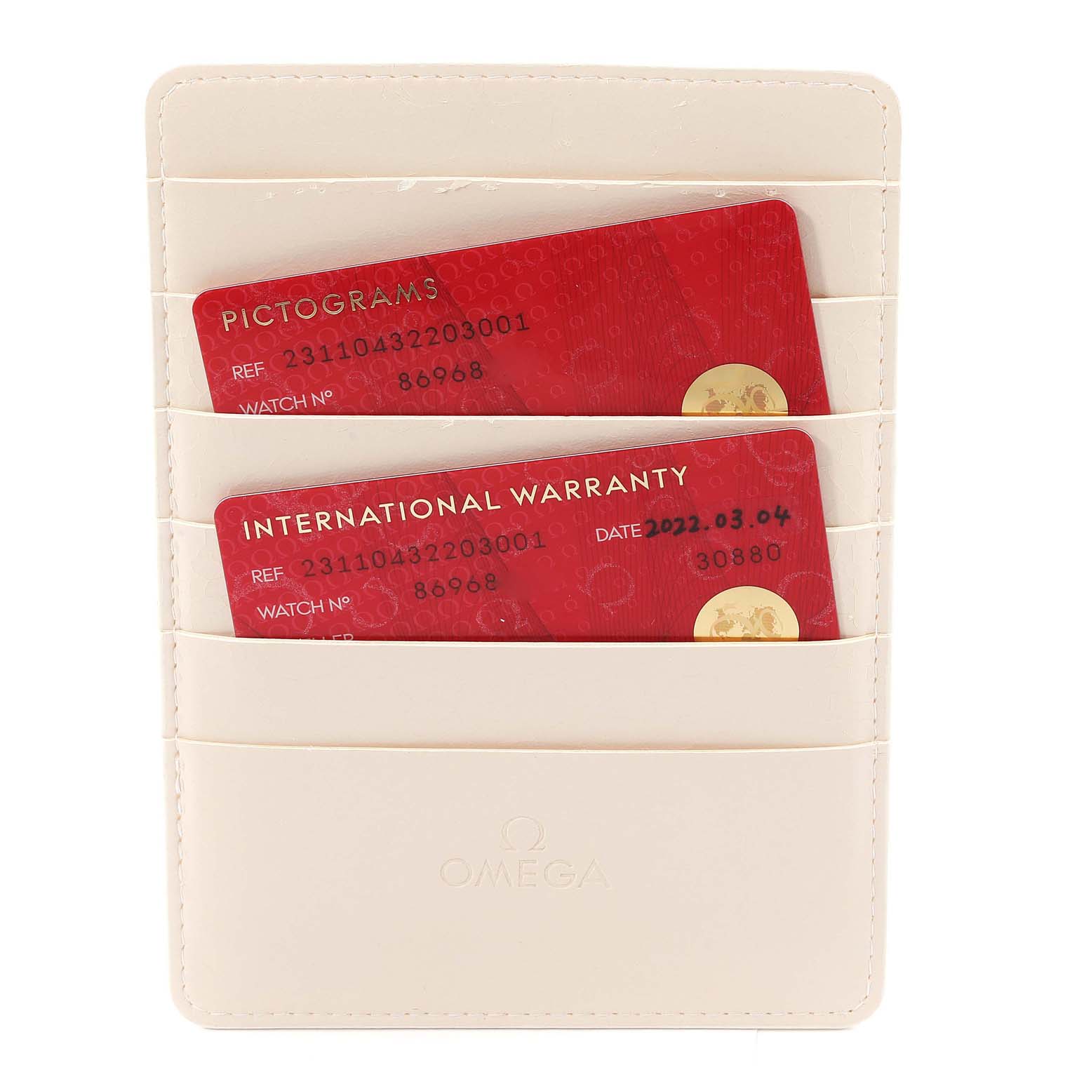 This image shows warranty cards and a pictogram card in a cream cardholder for the Omega Aqua Terra 231.10.43.22.03.001 Men
s Stainless Steel Blue Dial 231.10.43.22.03.001 Men
s Stainless Steel Blue Dial model.