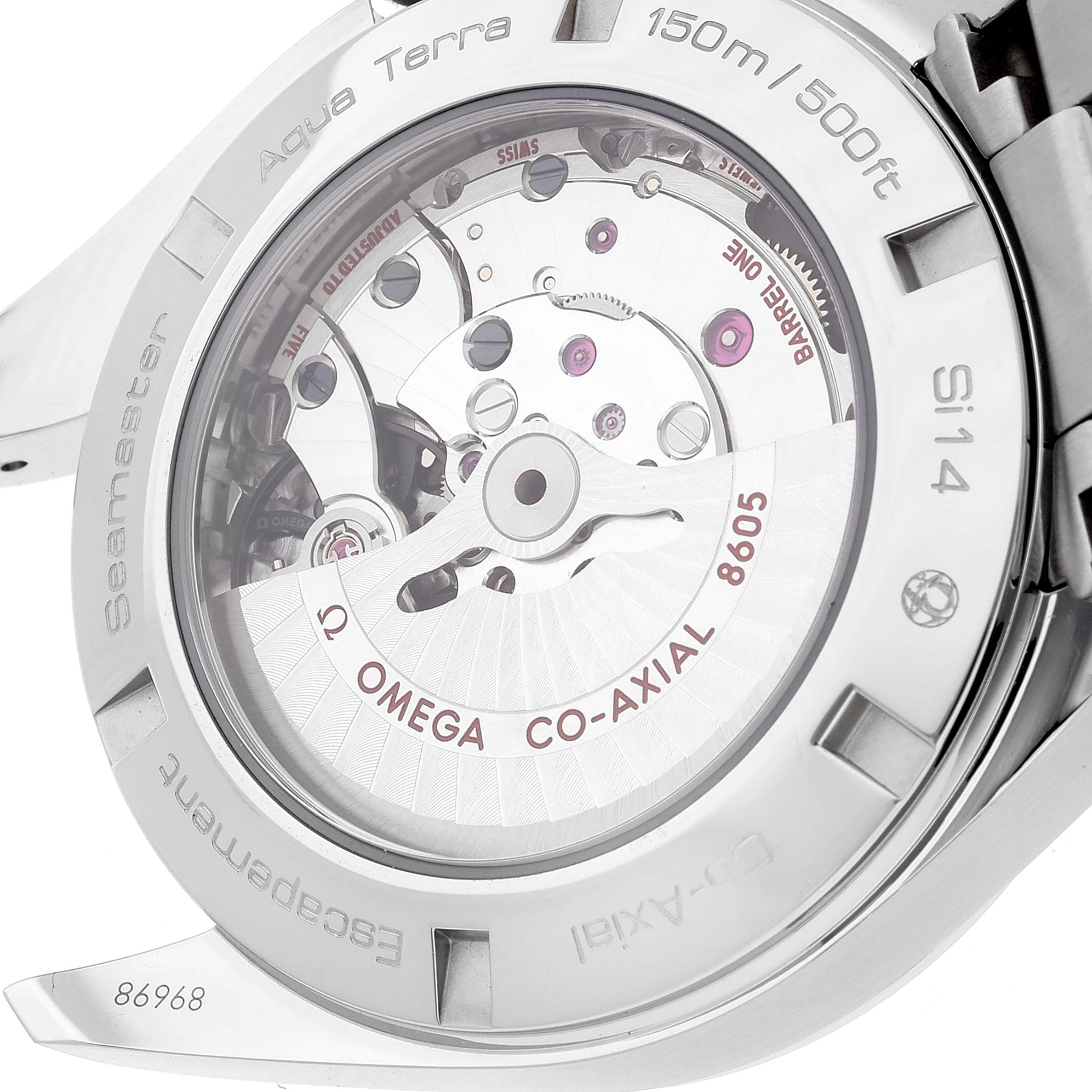 The image shows the back view of the Omega Aqua Terra 231.10.43.22.03.001 Men
s Stainless Steel Blue Dial 231.10.43.22.03.001 Men
s Stainless Steel Blue Dial watch, highlighting the movement mechanism and engravings.