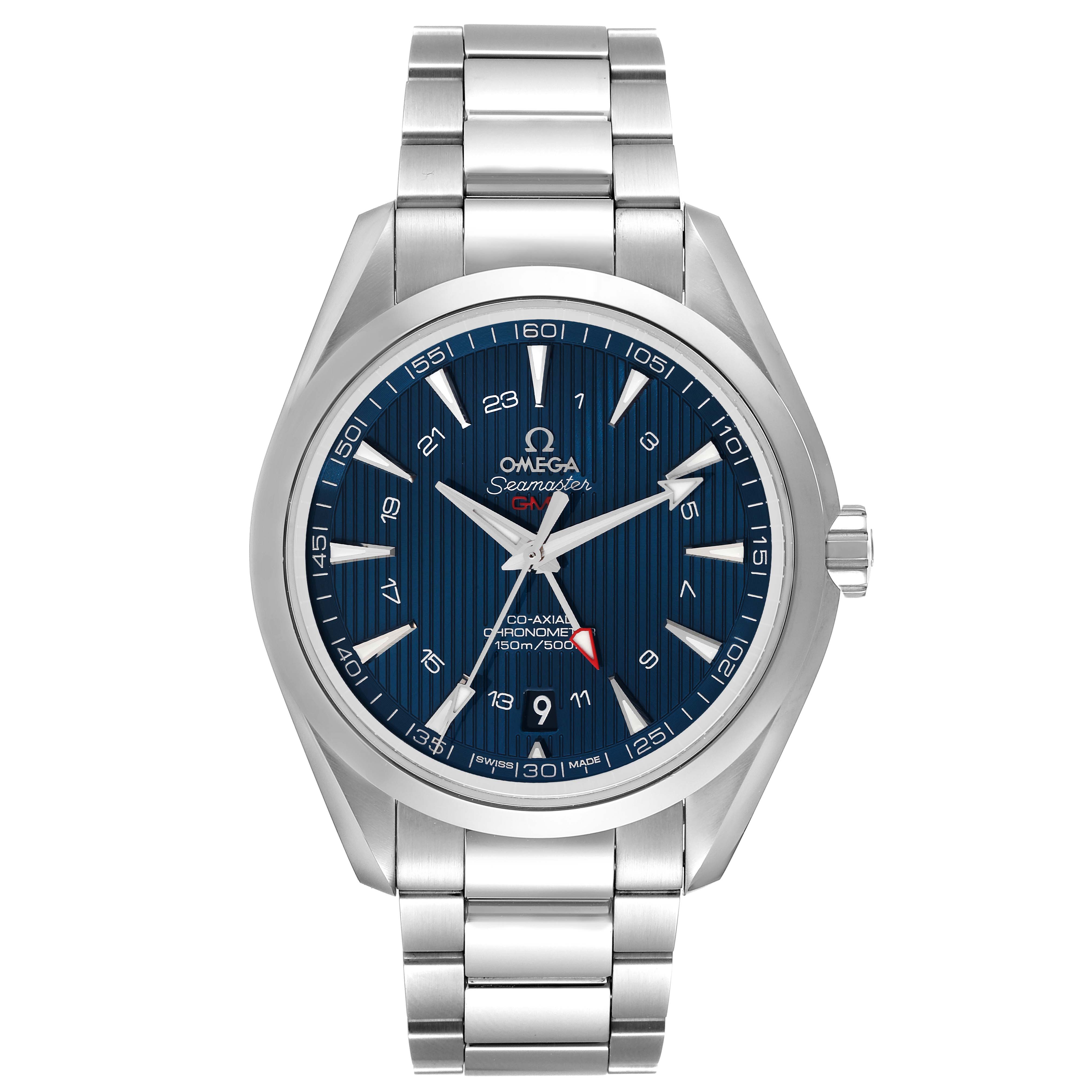The Omega Aqua Terra 231.10.43.22.03.001 Men
s Stainless Steel Blue Dial 231.10.43.22.03.001 Men
s Stainless Steel Blue Dial watch is shown from the front, highlighting its blue dial, stainless steel case, and bracelet.