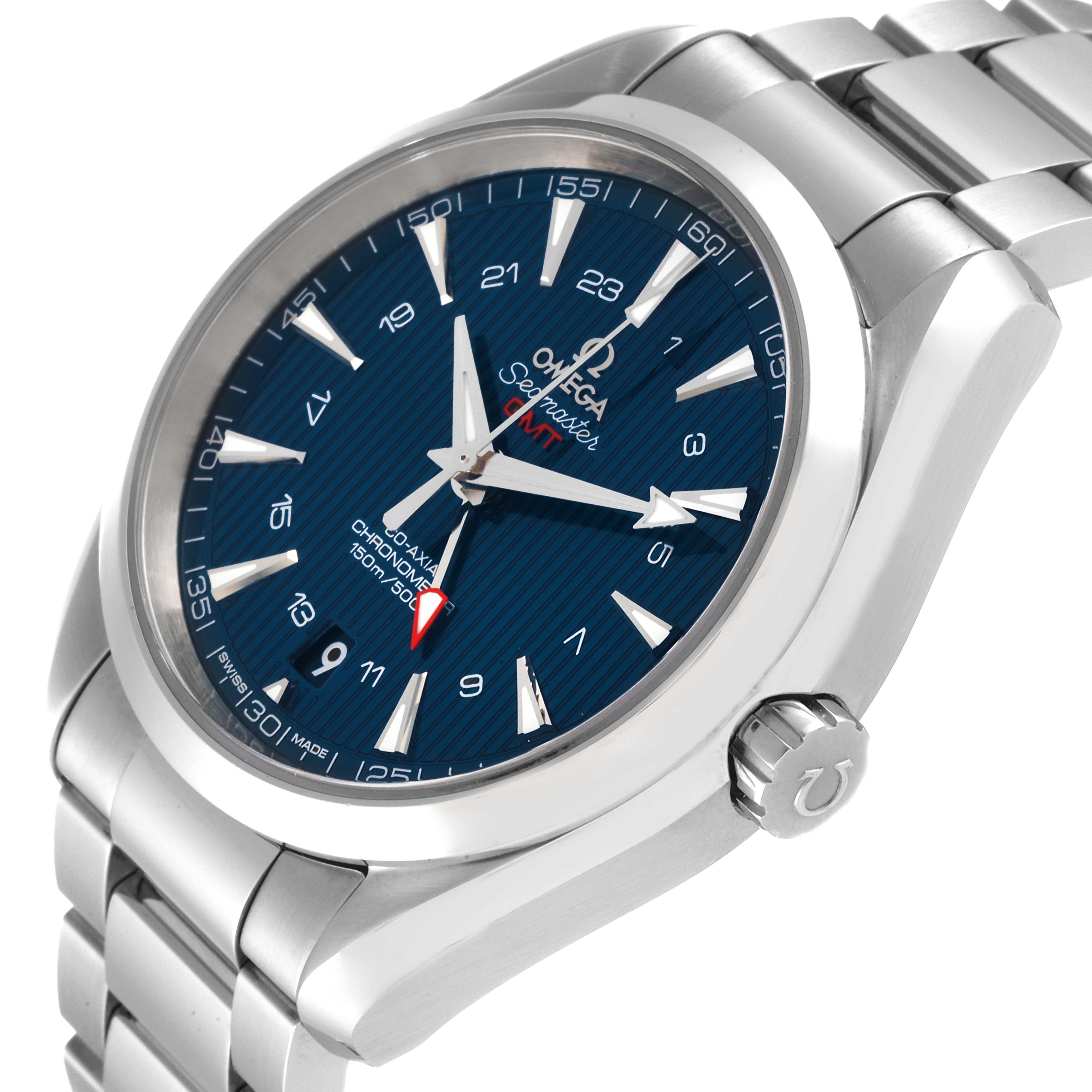The Omega Aqua Terra 231.10.43.22.03.001 Men
s Stainless Steel Blue Dial 231.10.43.22.03.001 Men
s Stainless Steel Blue Dial watch is shown at a slight angle, highlighting its dial, bezel, crown, and metal bracelet.