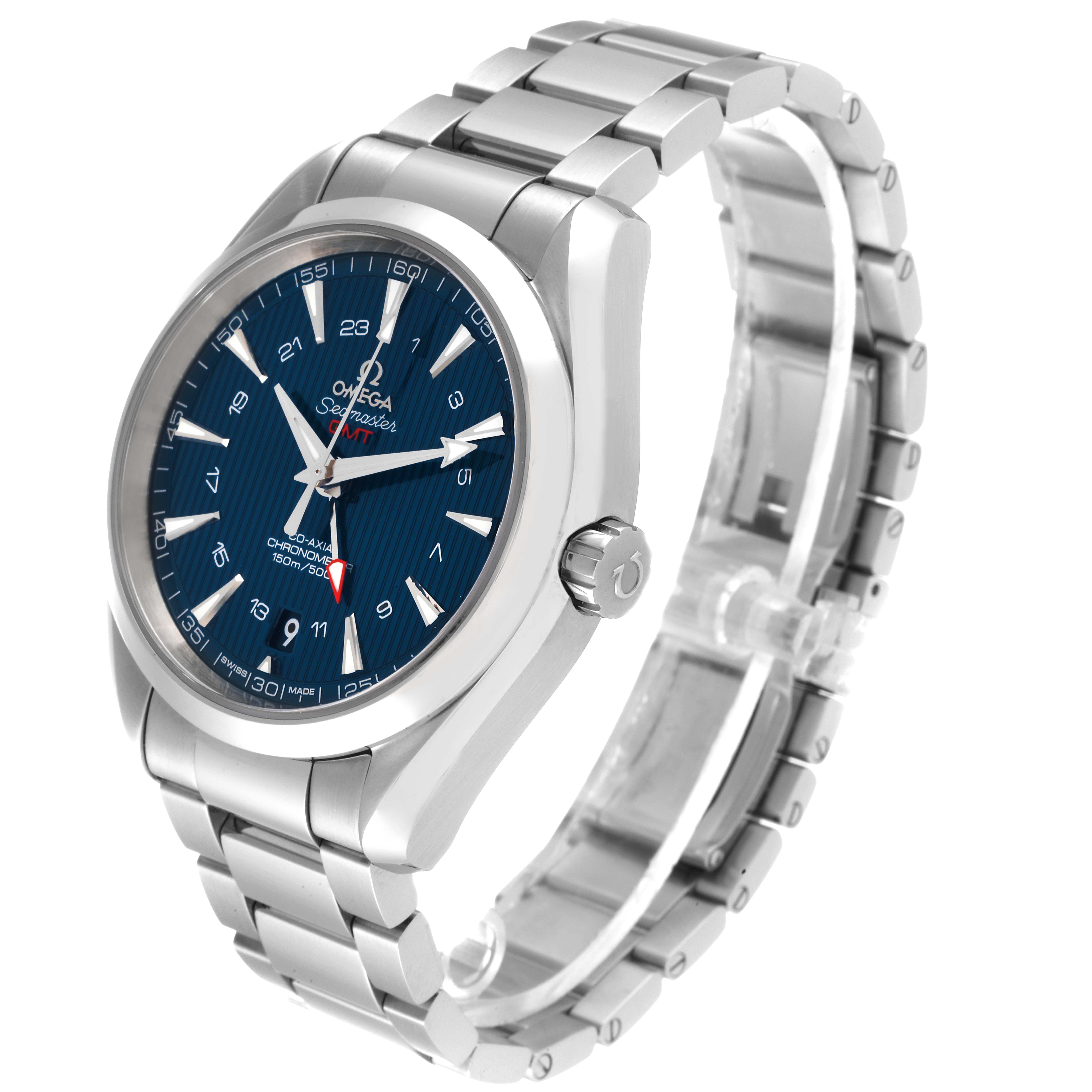 The image shows an angled view of the Omega Aqua Terra 231.10.43.22.03.001 Men
s Stainless Steel Blue Dial 231.10.43.22.03.001 Men
s Stainless Steel Blue Dial watch, highlighting its face, bezel, crown, and bracelet.