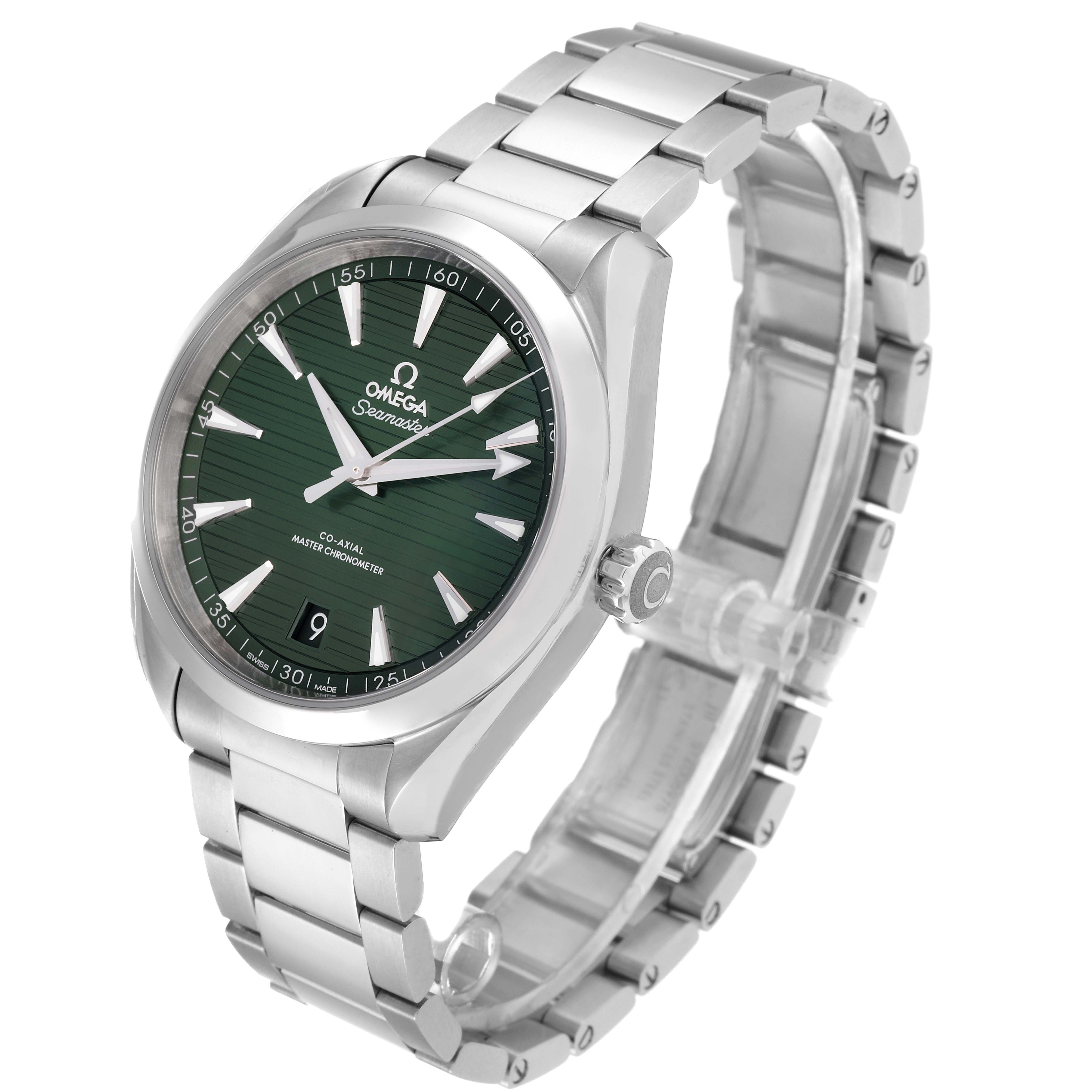 The image shows an Omega Aqua Terra 220.10.41.21.10.001 Men's Stainless Steel Green Dial 220.10.41.21.10.001 Men's Stainless Steel Green Dial watch angled to display its face, bezel, crown, and stainless steel bracelet.