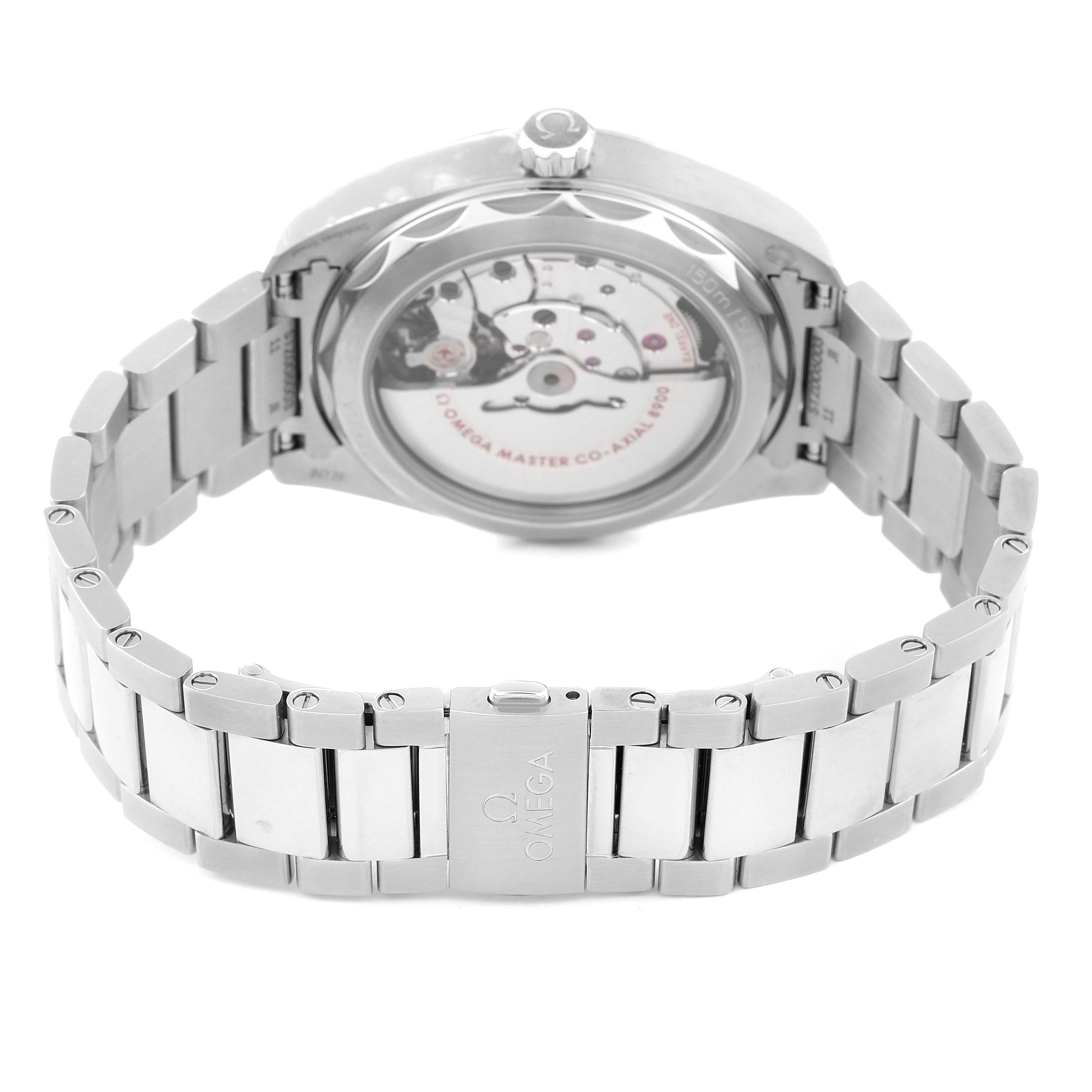 The image shows the back view of an Omega Aqua Terra 220.10.41.21.10.001 Men's Stainless Steel Green Dial 220.10.41.21.10.001 Men's Stainless Steel Green Dial watch, highlighting the movement mechanism and stainless steel bracelet.