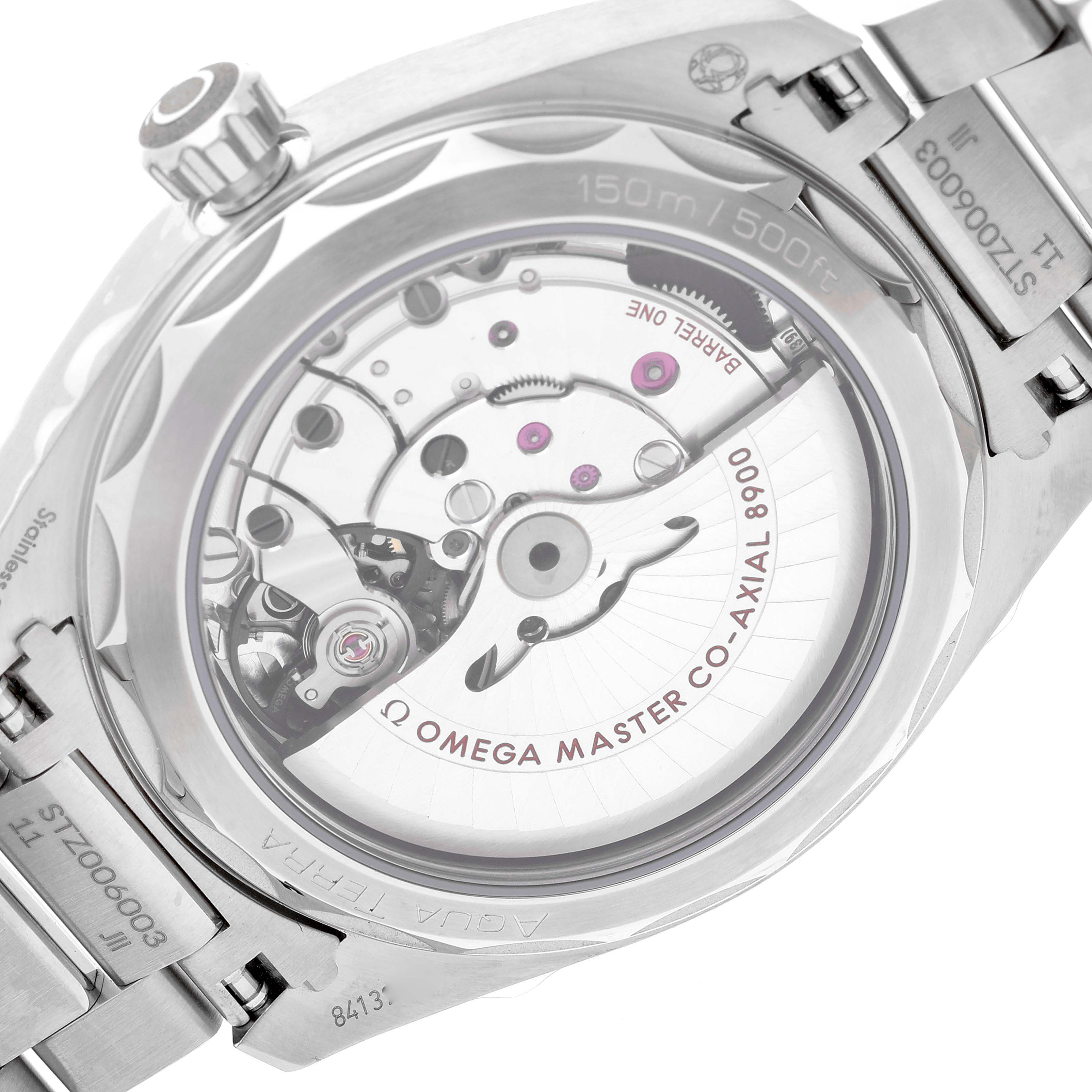 The image shows the back of an Omega Aqua Terra 220.10.41.21.10.001 Men's Stainless Steel Green Dial 220.10.41.21.10.001 Men's Stainless Steel Green Dial watch, highlighting the inner mechanical movement and branded engraving.