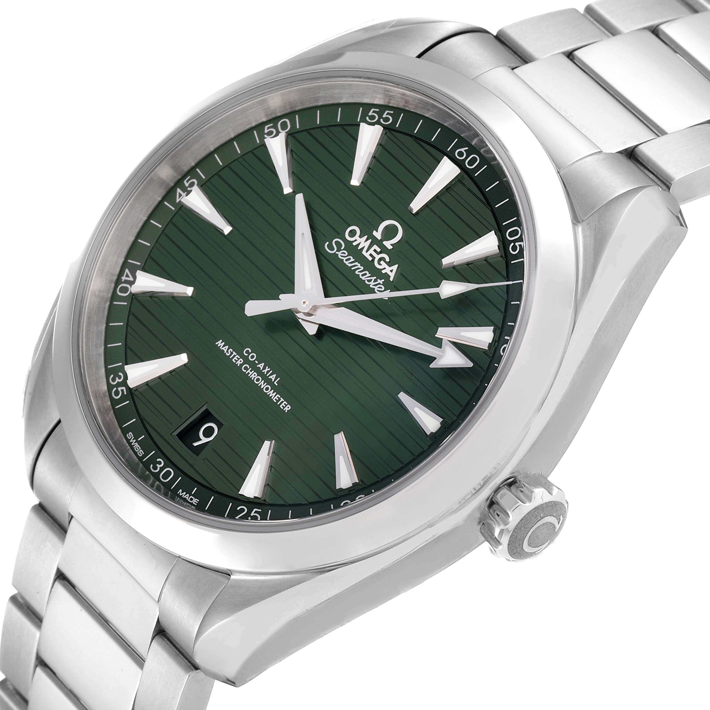 This image shows an angled view of the Omega Aqua Terra 220.10.41.21.10.001 Men's Stainless Steel Green Dial 220.10.41.21.10.001 Men's Stainless Steel Green Dial's dial, bezel, crown, and part of its bracelet.