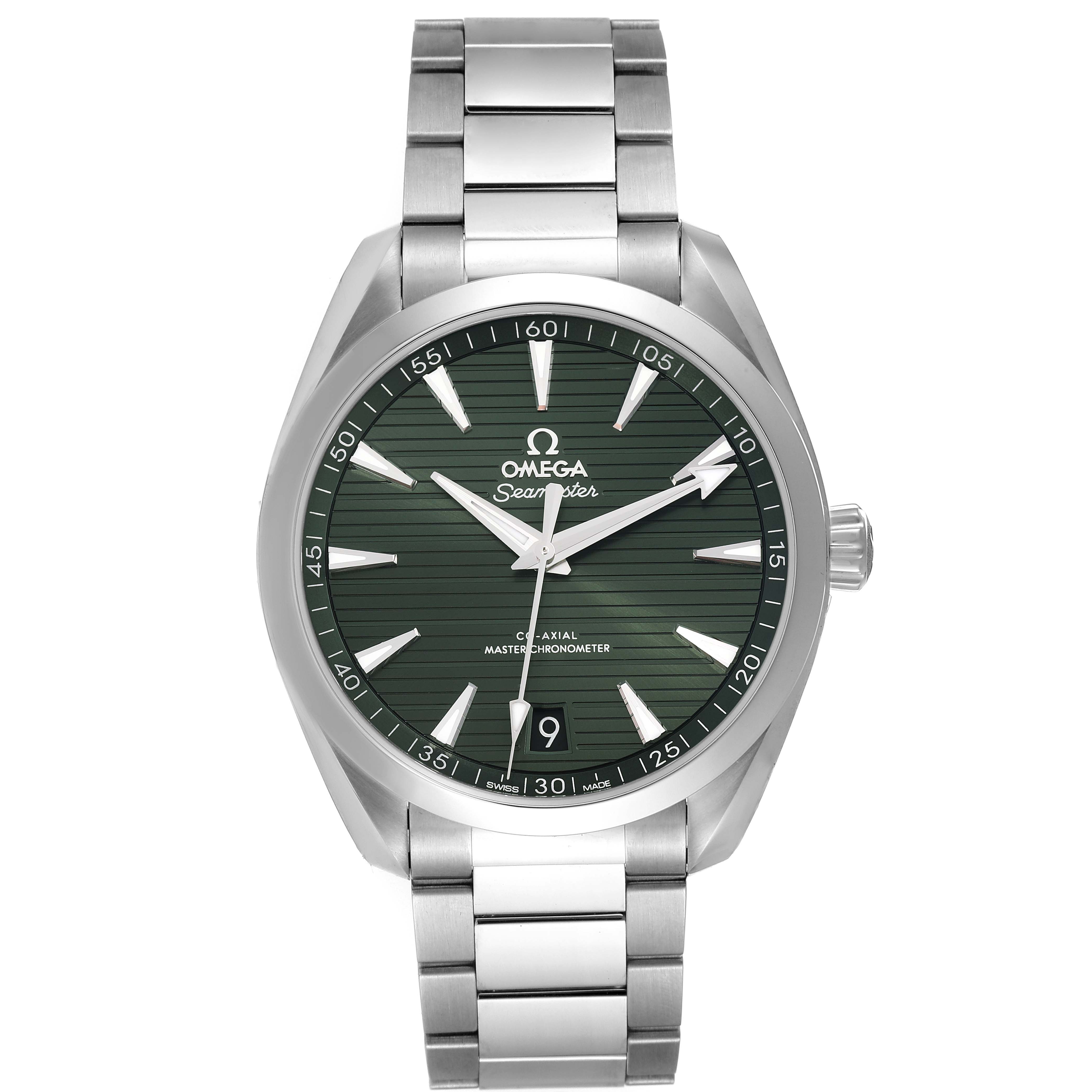 This Omega Aqua Terra 220.10.41.21.10.001 Men's Stainless Steel Green Dial 220.10.41.21.10.001 Men's Stainless Steel Green Dial watch is shown from the front, highlighting its green dial, stainless steel bracelet, and the crown.