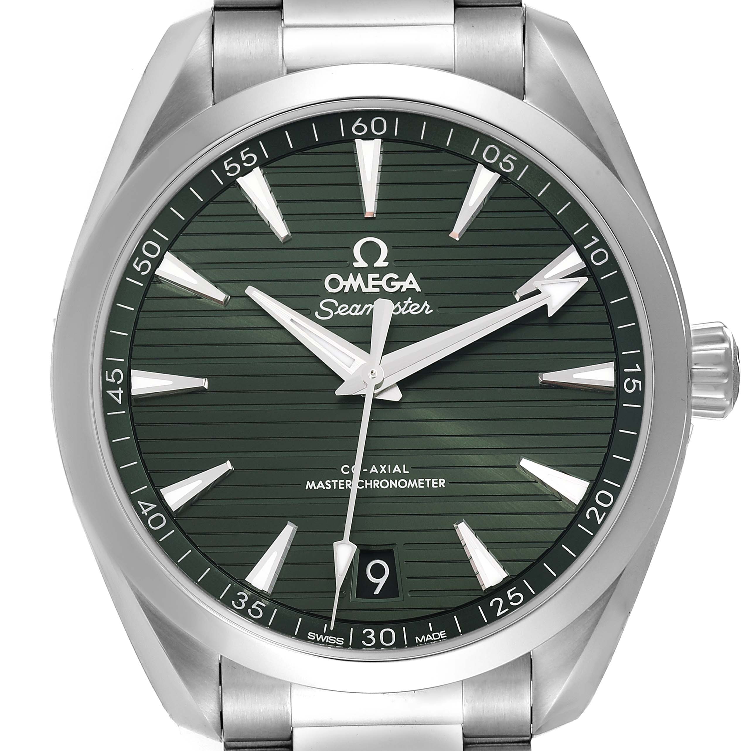 The image shows a front view of an Omega Aqua Terra 220.10.41.21.10.001 Men's Stainless Steel Green Dial 220.10.41.21.10.001 Men's Stainless Steel Green Dial watch, highlighting its dial, bezel, hands, and bracelet.