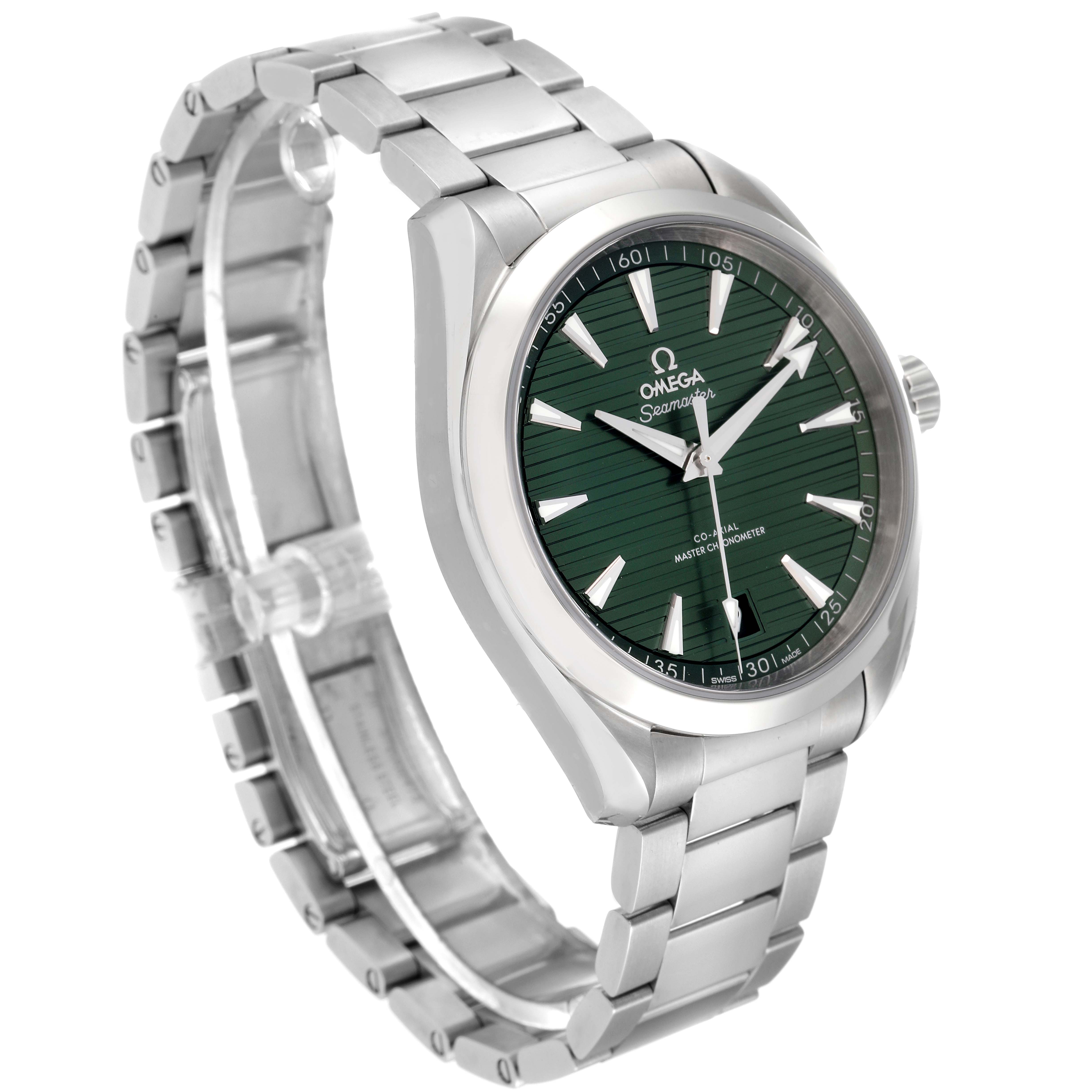 The Omega Aqua Terra 220.10.41.21.10.001 Men's Stainless Steel Green Dial 220.10.41.21.10.001 Men's Stainless Steel Green Dial watch is shown at an angled side view, highlighting the green dial, hands, and stainless steel bracelet.