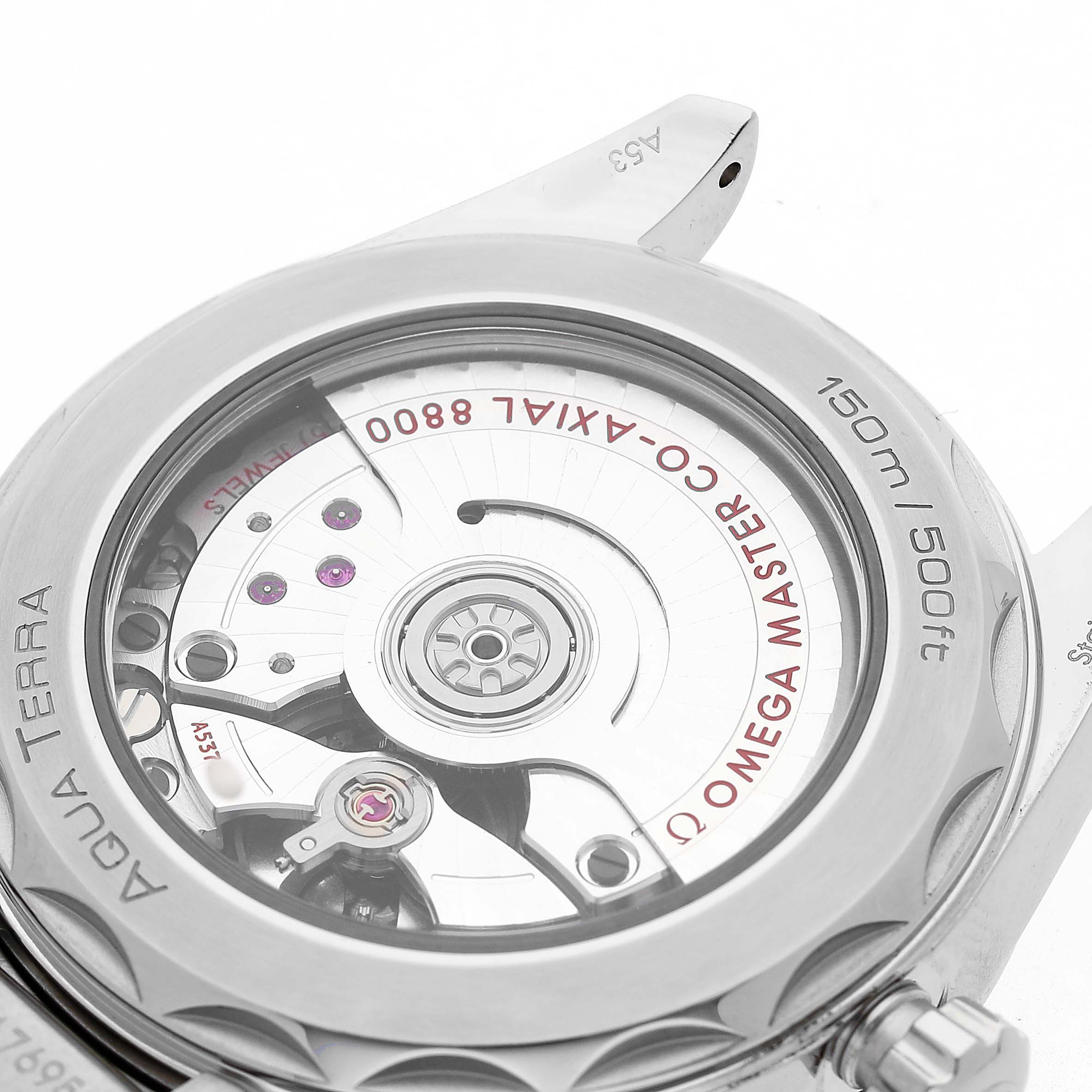 The image shows the back view of an Omega Seamaster 220.10.38.20.10.002 Men's Stainless Steel Green Dial Aqua Terra, highlighting its movement and rotor.