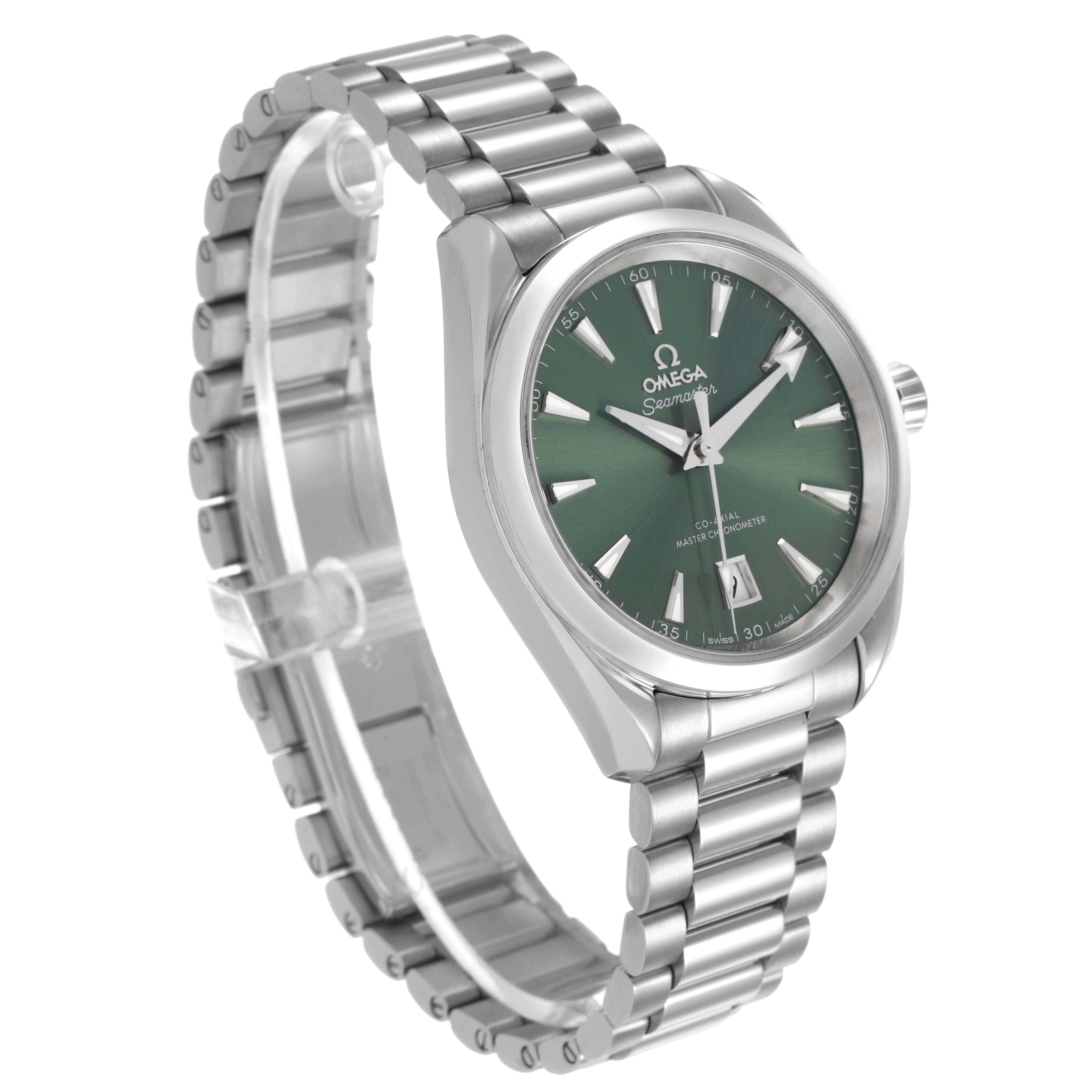 The Omega Seamaster 220.10.38.20.10.002 Men's Stainless Steel Green Dial watch is shown at a slight angled side view, highlighting the green dial, stainless steel bracelet, and crown.