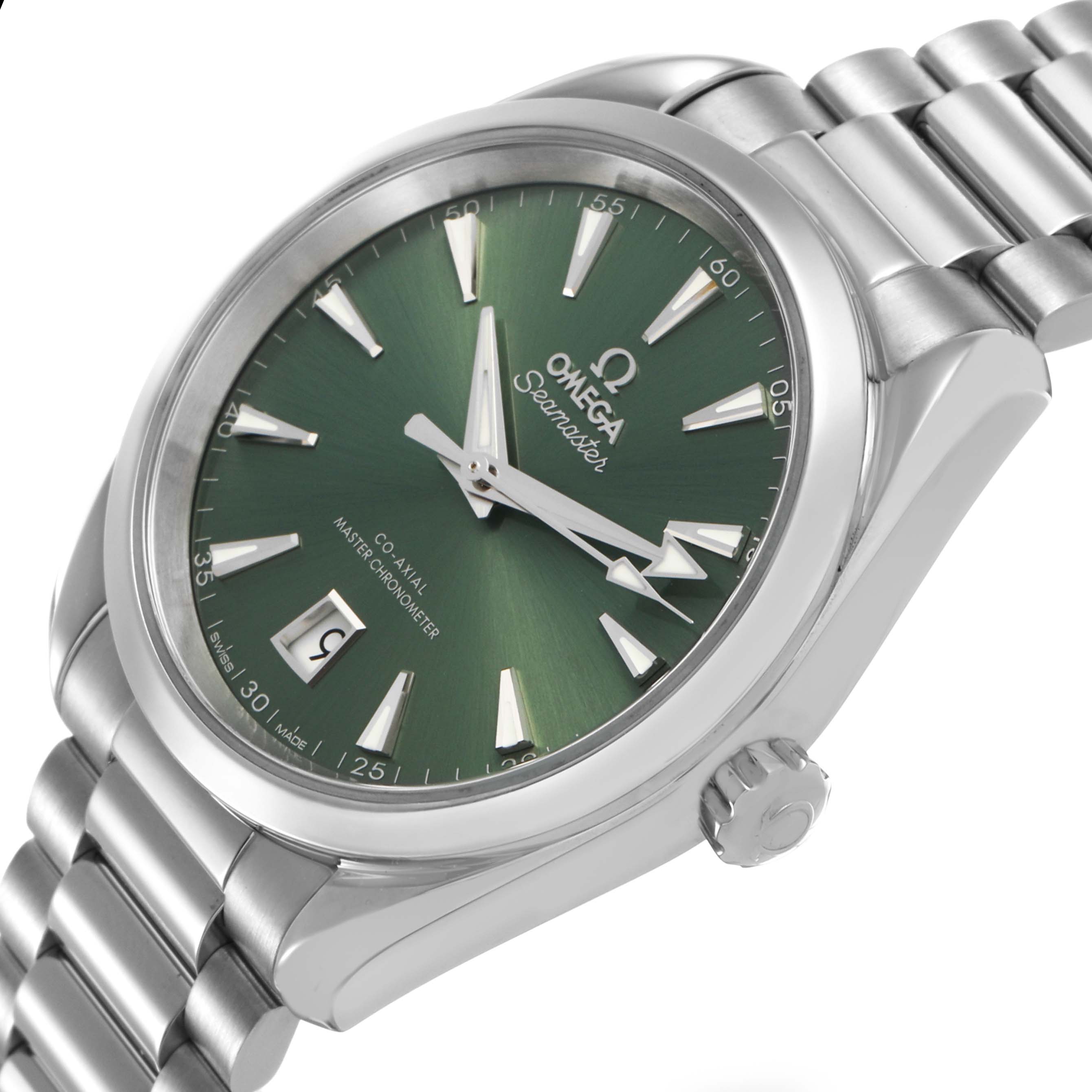 The Omega Seamaster 220.10.38.20.10.002 Men's Stainless Steel Green Dial watch is shown at an angled side view, highlighting the dial, bezel, crown, and bracelet.