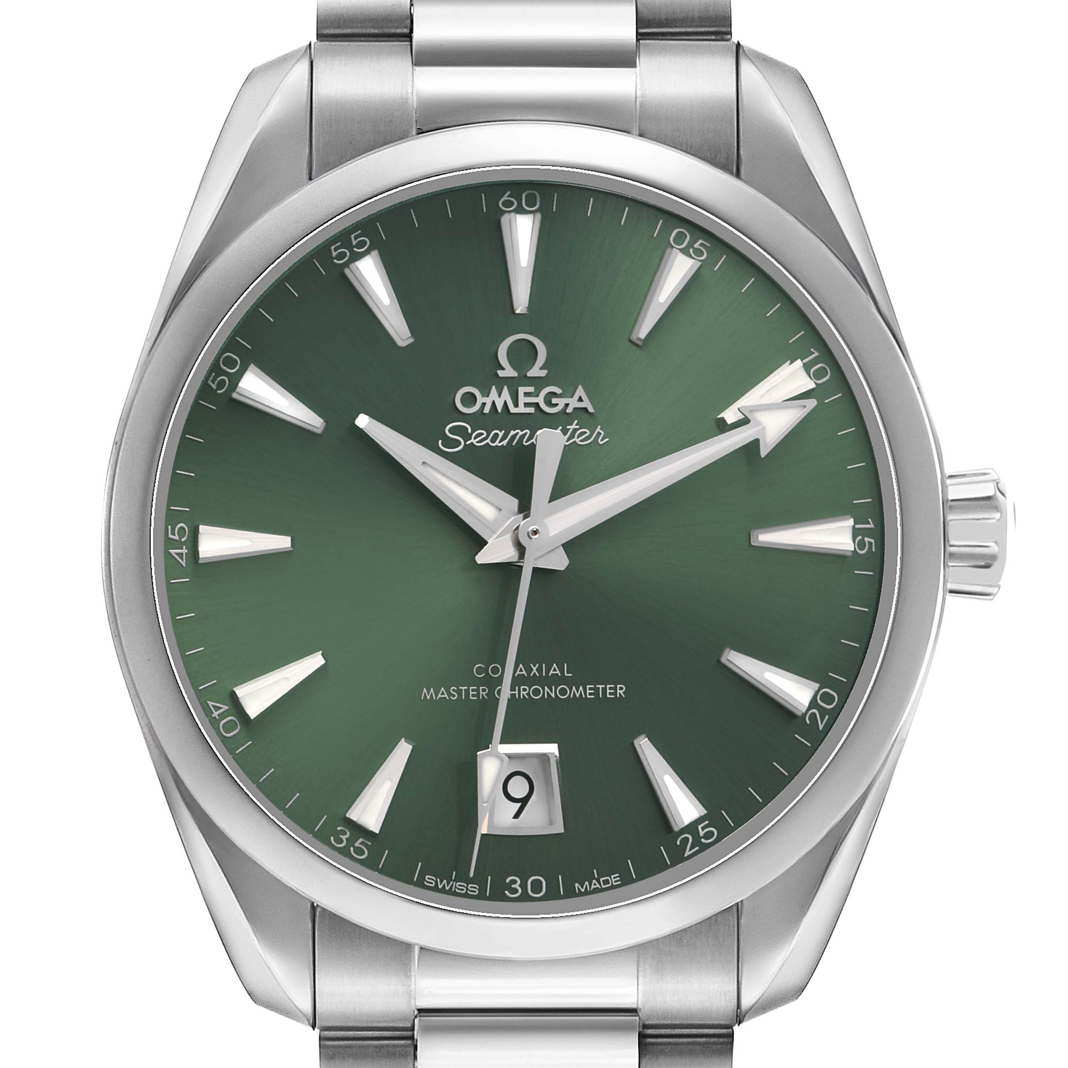 The Omega Seamaster 220.10.38.20.10.002 Men's Stainless Steel Green Dial watch is shown from a front angle, highlighting its green dial, silver indices, hands, and date window.