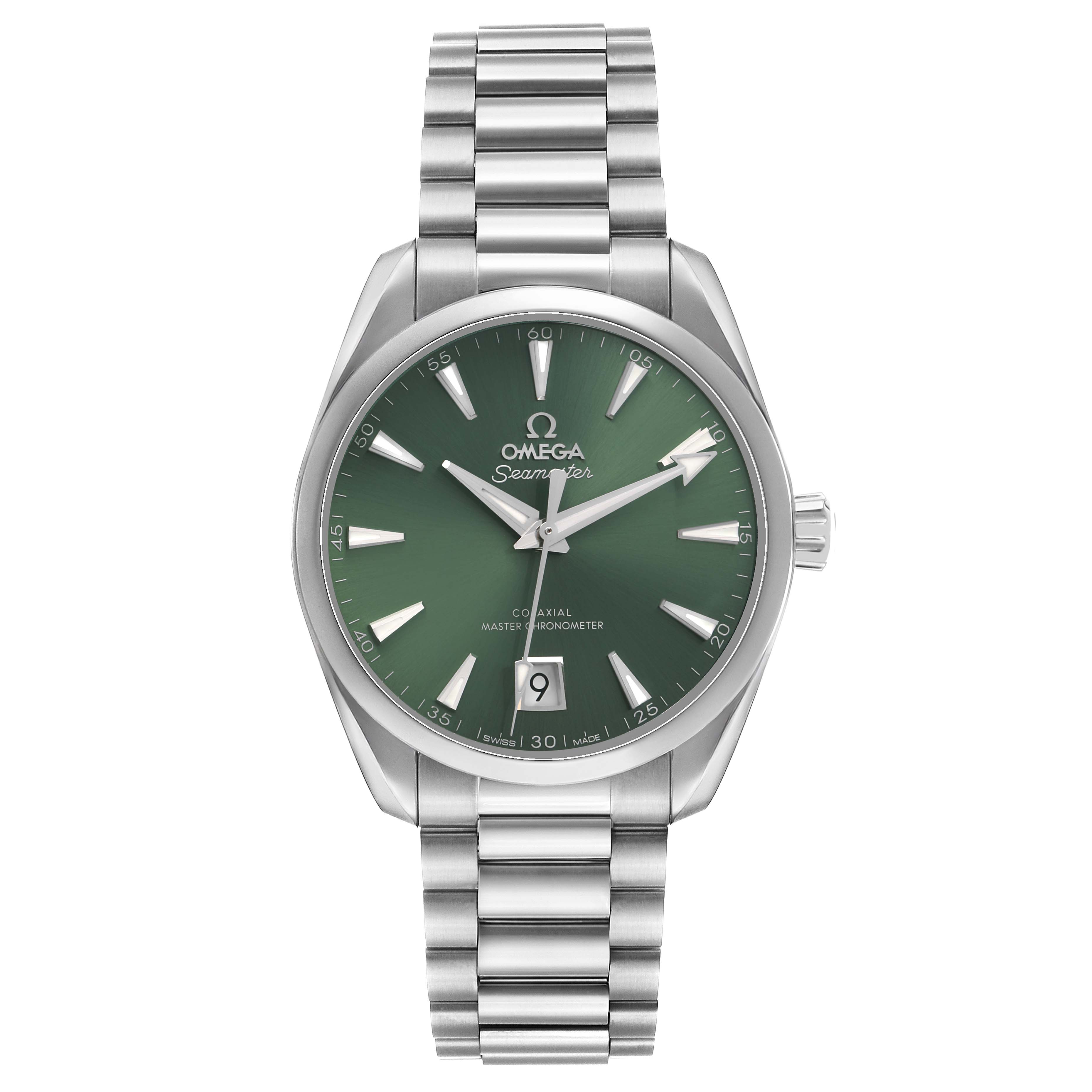 The Omega Seamaster 220.10.38.20.10.002 Men's Stainless Steel Green Dial watch is shown from the front, displaying its dial, bracelet, and crown.