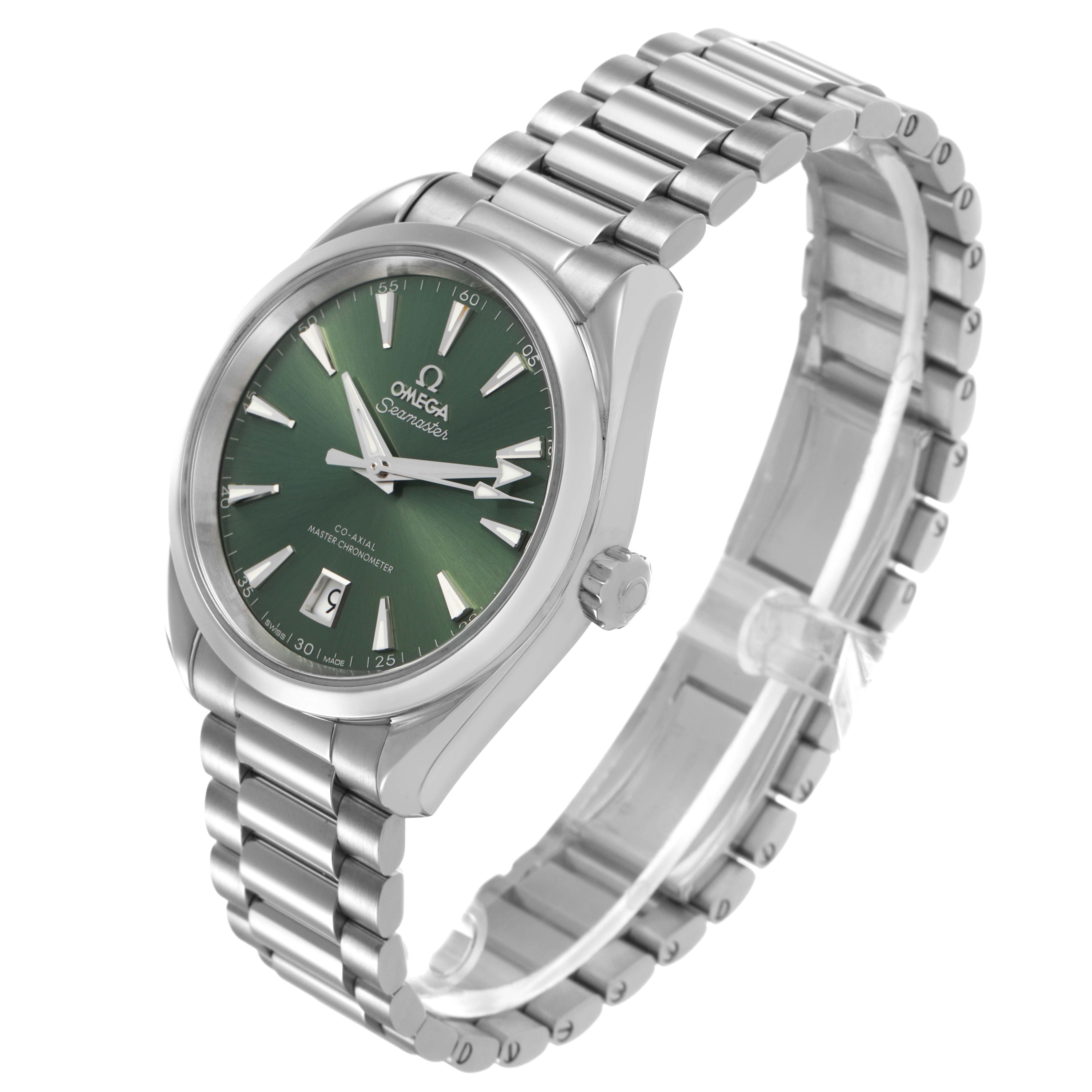 The Omega Seamaster 220.10.38.20.10.002 Men's Stainless Steel Green Dial watch is displayed at a three-quarter angle, showcasing the green dial, bracelet, and crown.