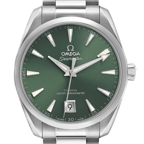 The Omega Seamaster 220.10.38.20.10.002 Men's Stainless Steel Green Dial watch is shown from the front, highlighting its green dial, hands, date window, and stainless steel case.