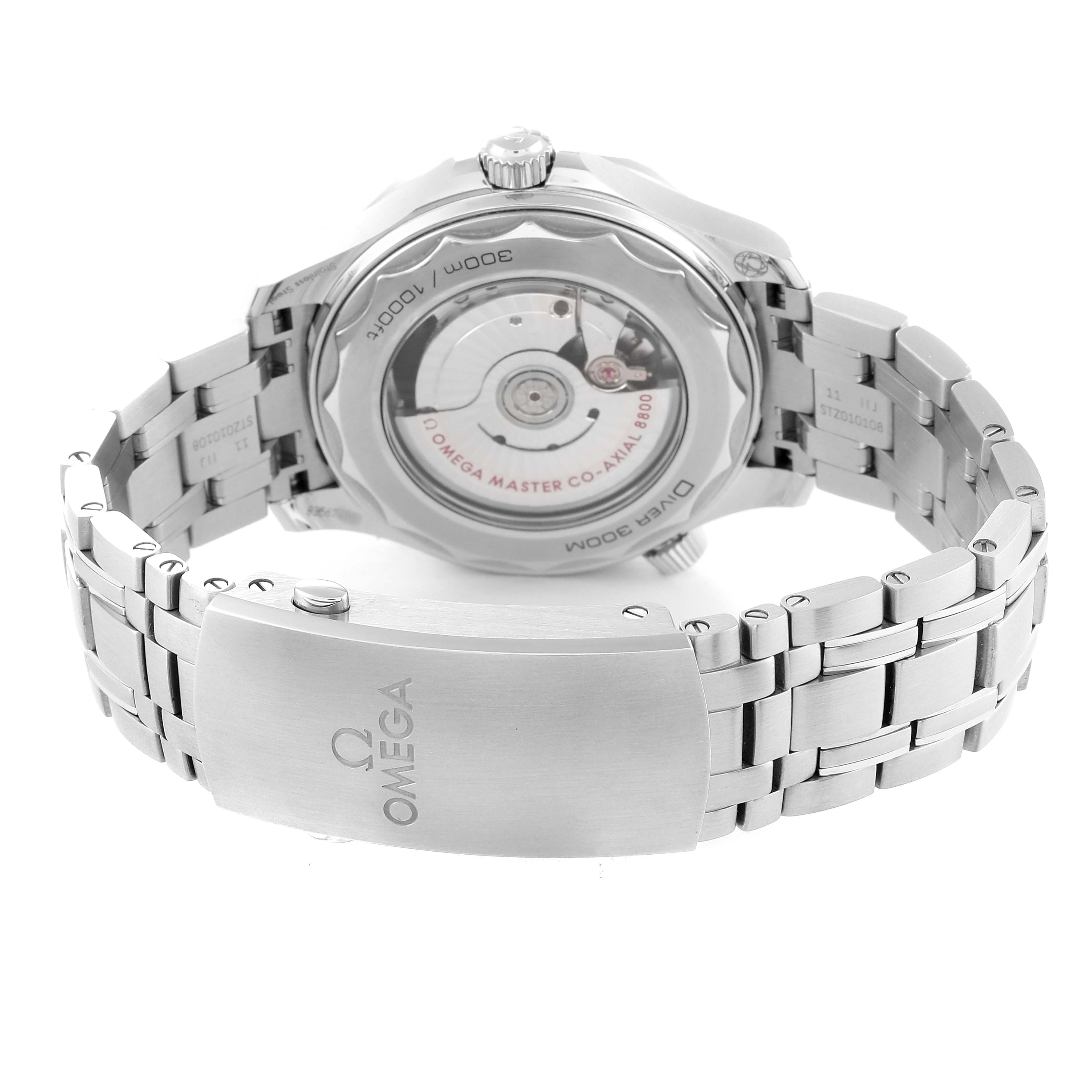 The image shows the back view of the Omega Seamaster 210.30.42.20.01.001 Men's Stainless Steel Black Dial 210.30.42.20.01.001 Men's Stainless Steel Black Dial watch, highlighting the caseback, bracelet, and clasp.