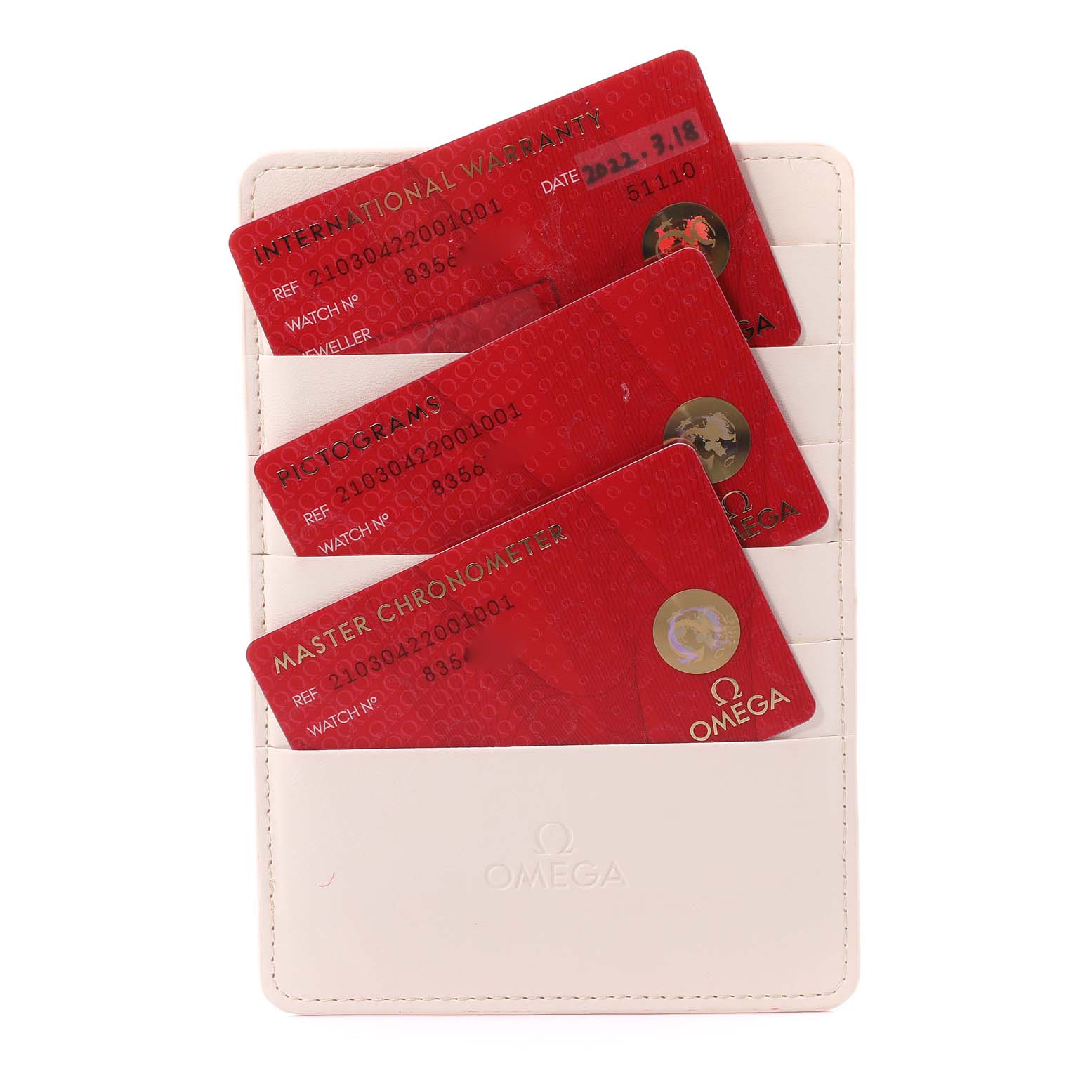 The image shows three Omega Seamaster 210.30.42.20.01.001 Men's Stainless Steel Black Dial 210.30.42.20.01.001 Men's Stainless Steel Black Dial model warranty cards in a white cardholder.