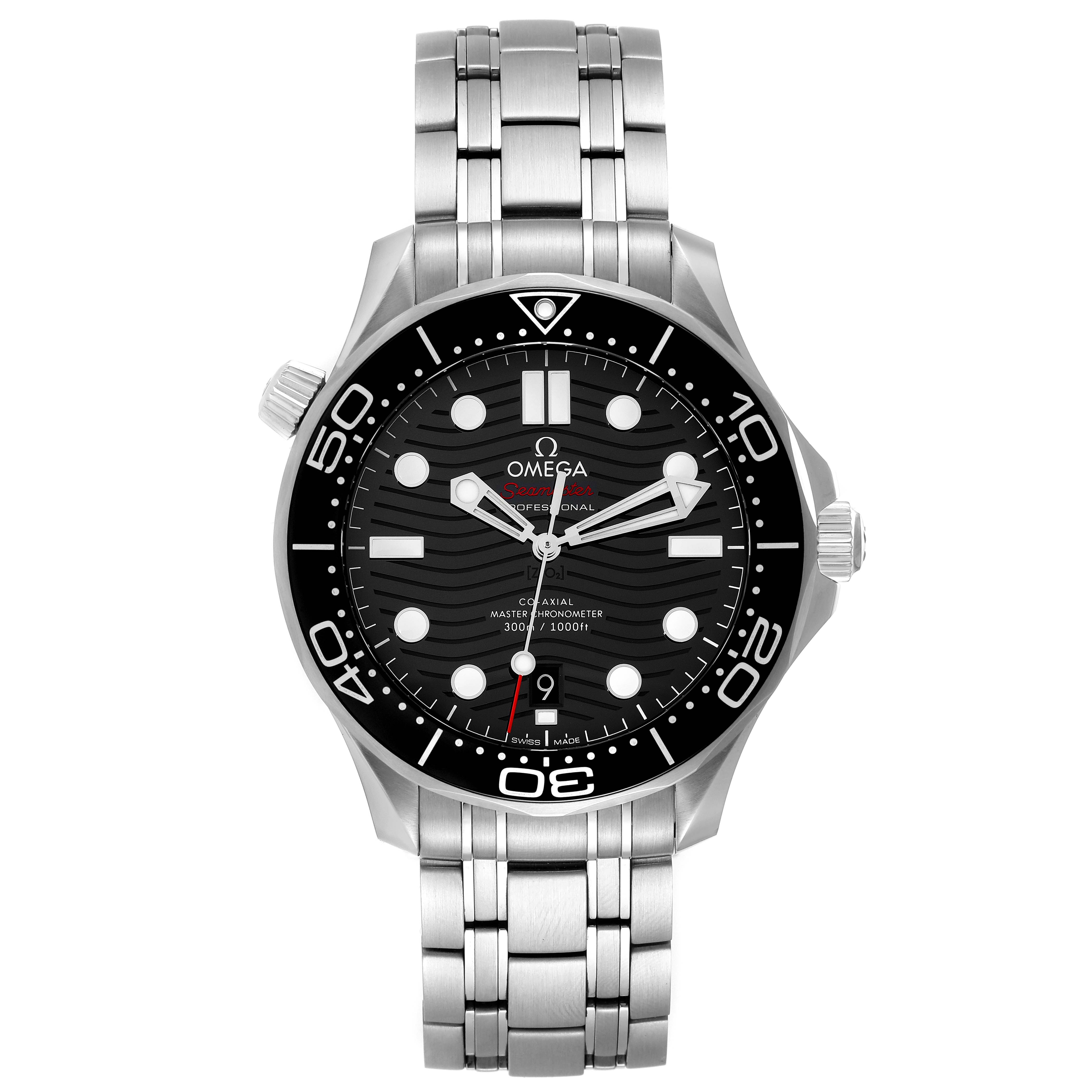 The image shows a front angle of the Omega Seamaster 210.30.42.20.01.001 Men's Stainless Steel Black Dial 210.30.42.20.01.001 Men's Stainless Steel Black Dial watch, displaying its black dial, bezel, and metal bracelet.