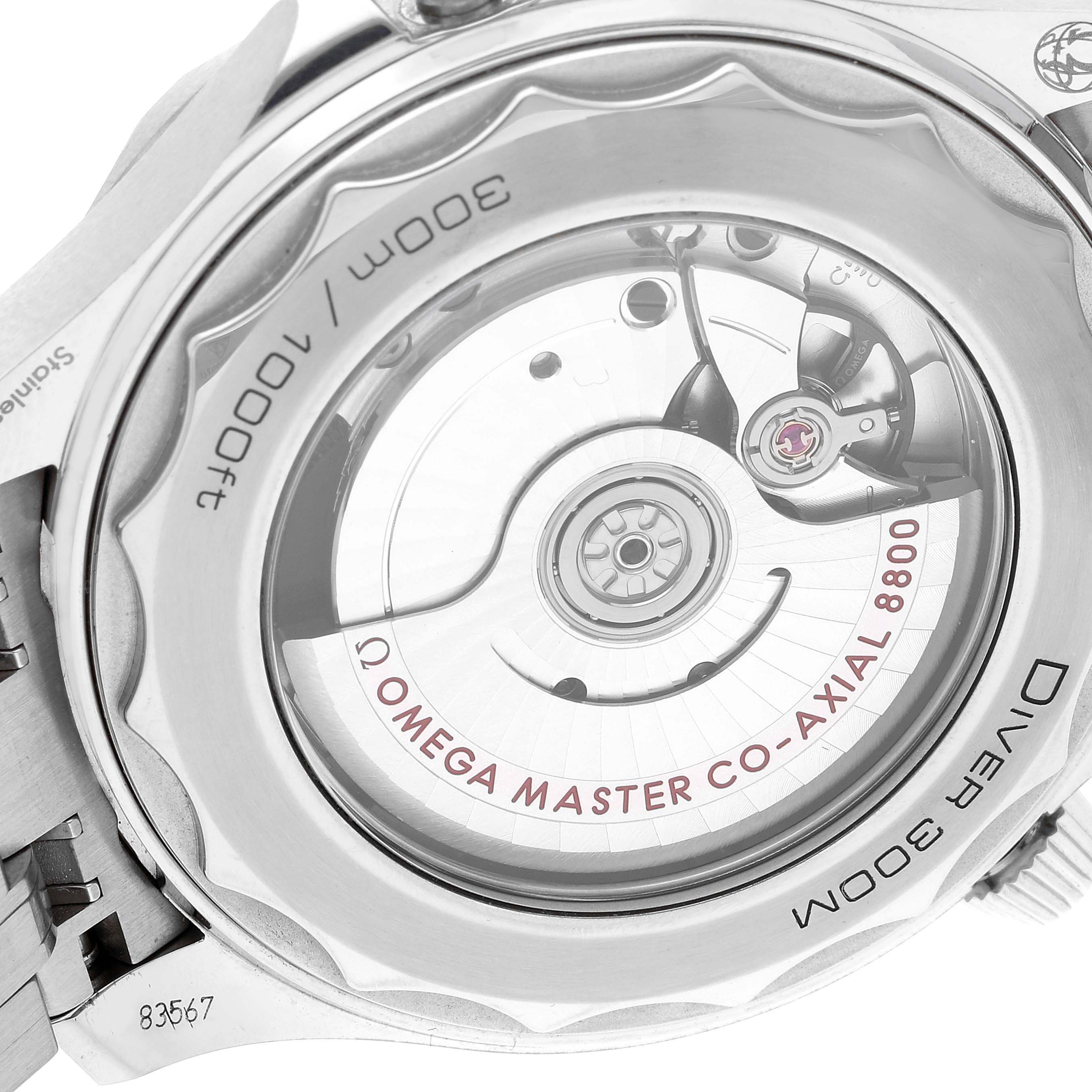 The image shows the back view of an Omega Seamaster 210.30.42.20.01.001 Men's Stainless Steel Black Dial 210.30.42.20.01.001 Men's Stainless Steel Black Dial watch, displaying its internal mechanics and branding details.