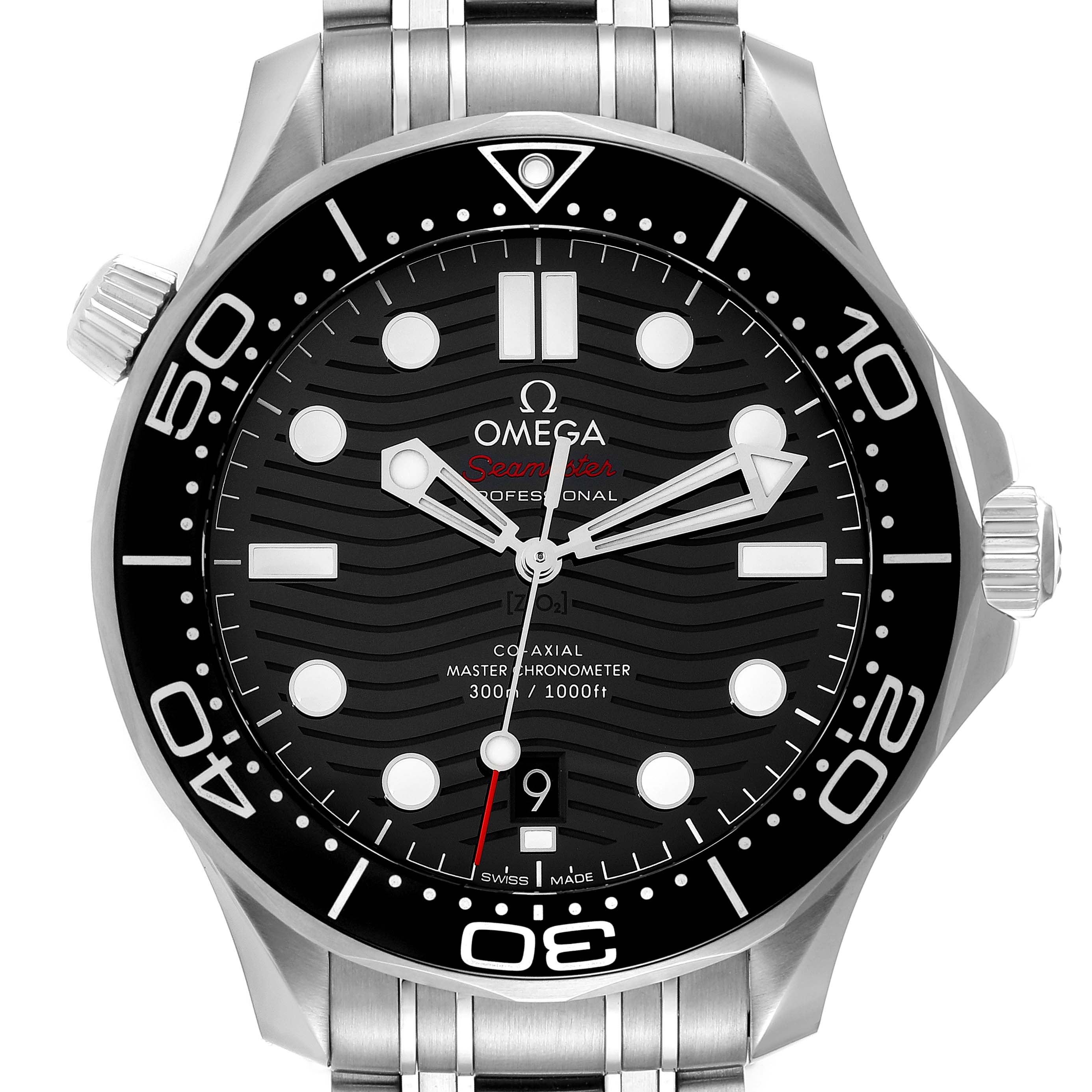 The image shows a front view of an Omega Seamaster 210.30.42.20.01.001 Men's Stainless Steel Black Dial 210.30.42.20.01.001 Men's Stainless Steel Black Dial watch, displaying the dial, bezel, and part of the bracelet.