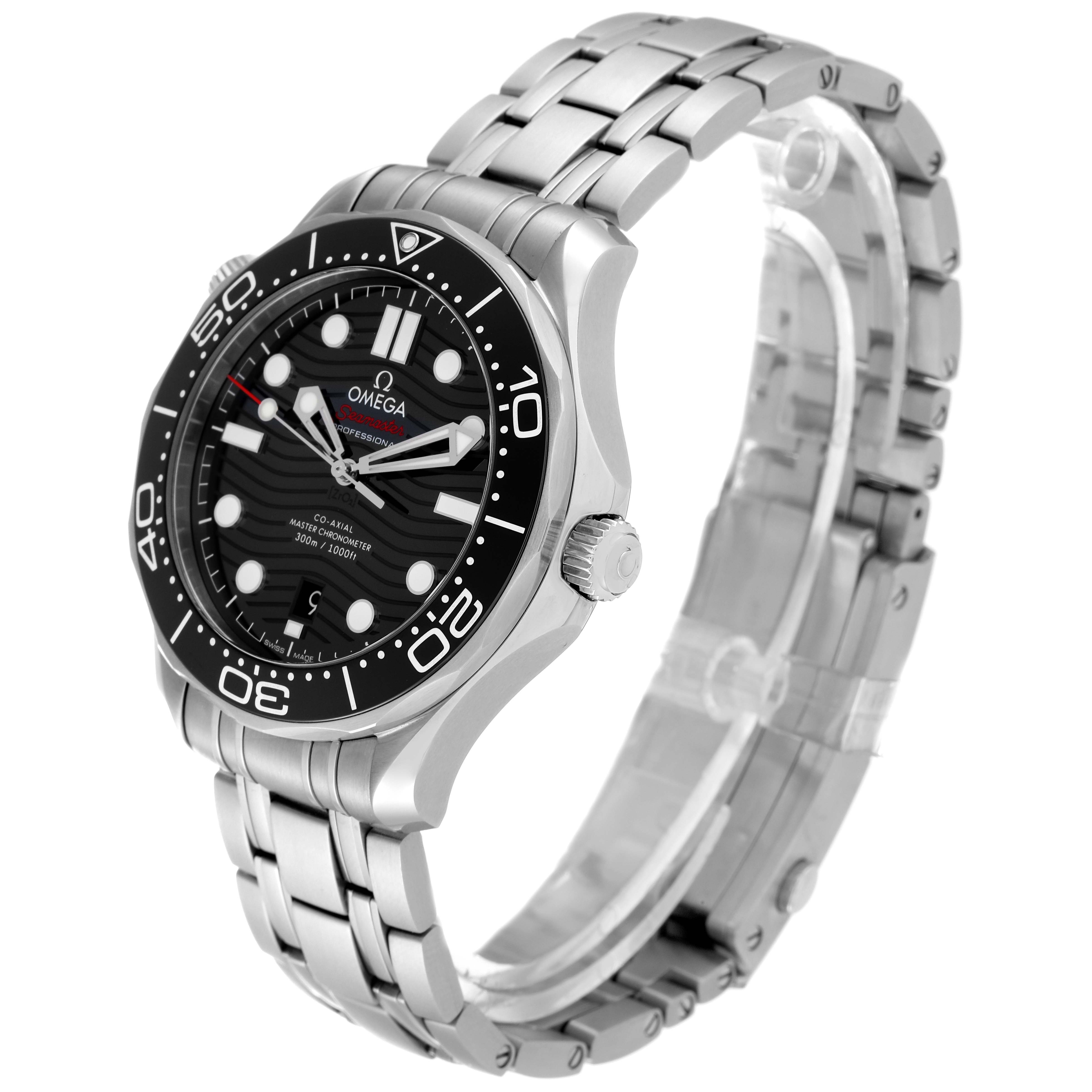 The image shows a side-view angle of an Omega Seamaster 210.30.42.20.01.001 Men's Stainless Steel Black Dial 210.30.42.20.01.001 Men's Stainless Steel Black Dial watch, highlighting its face, bezel, crown, and stainless steel bracelet.