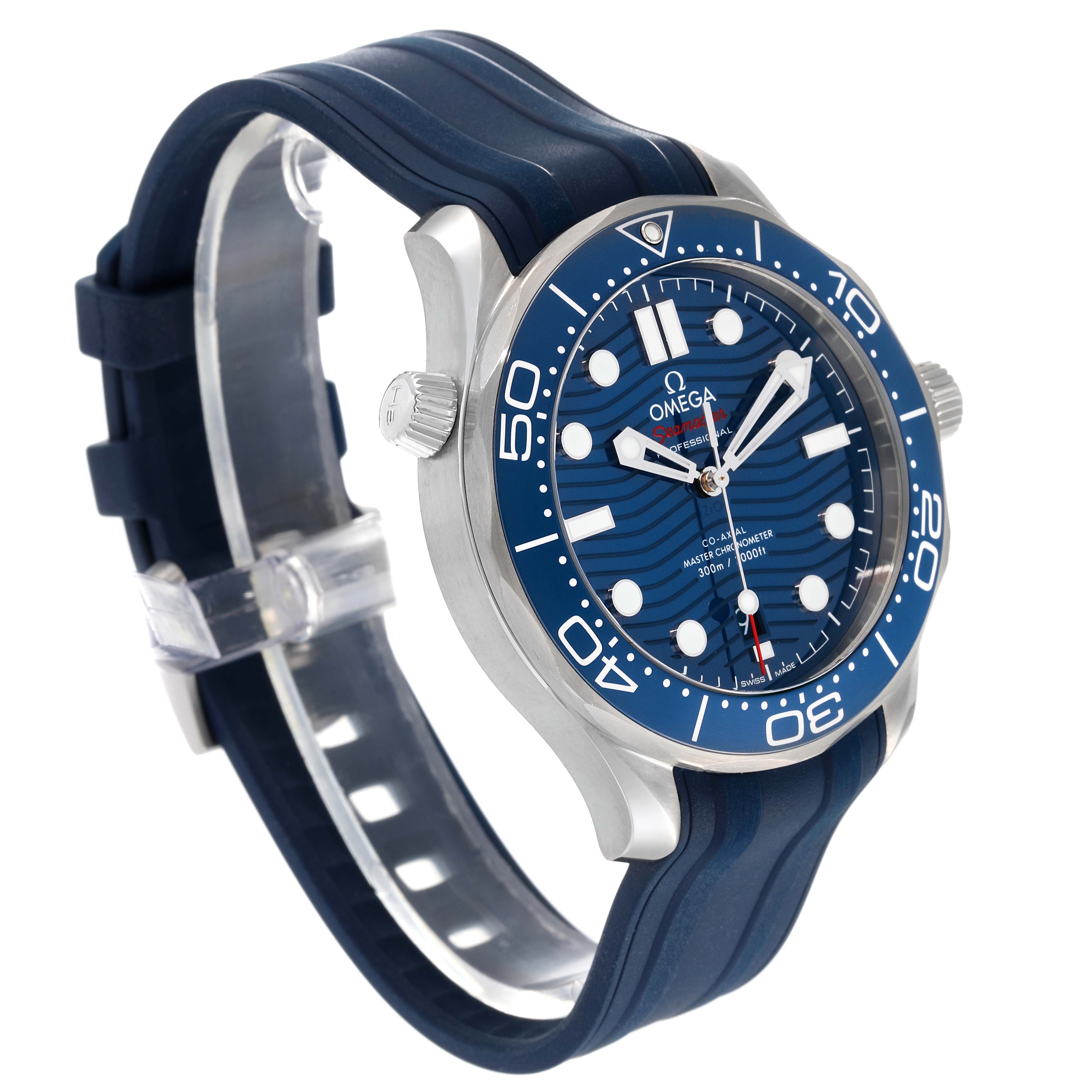 The image shows an Omega Seamaster 210.32.42.20.03.001 Men's Stainless Steel Blue Dial 210.32.42.20.03.001 Men's Stainless Steel Blue Dial watch at a three-quarter angle, highlighting the bezel, case, dial, and blue rubber strap.
