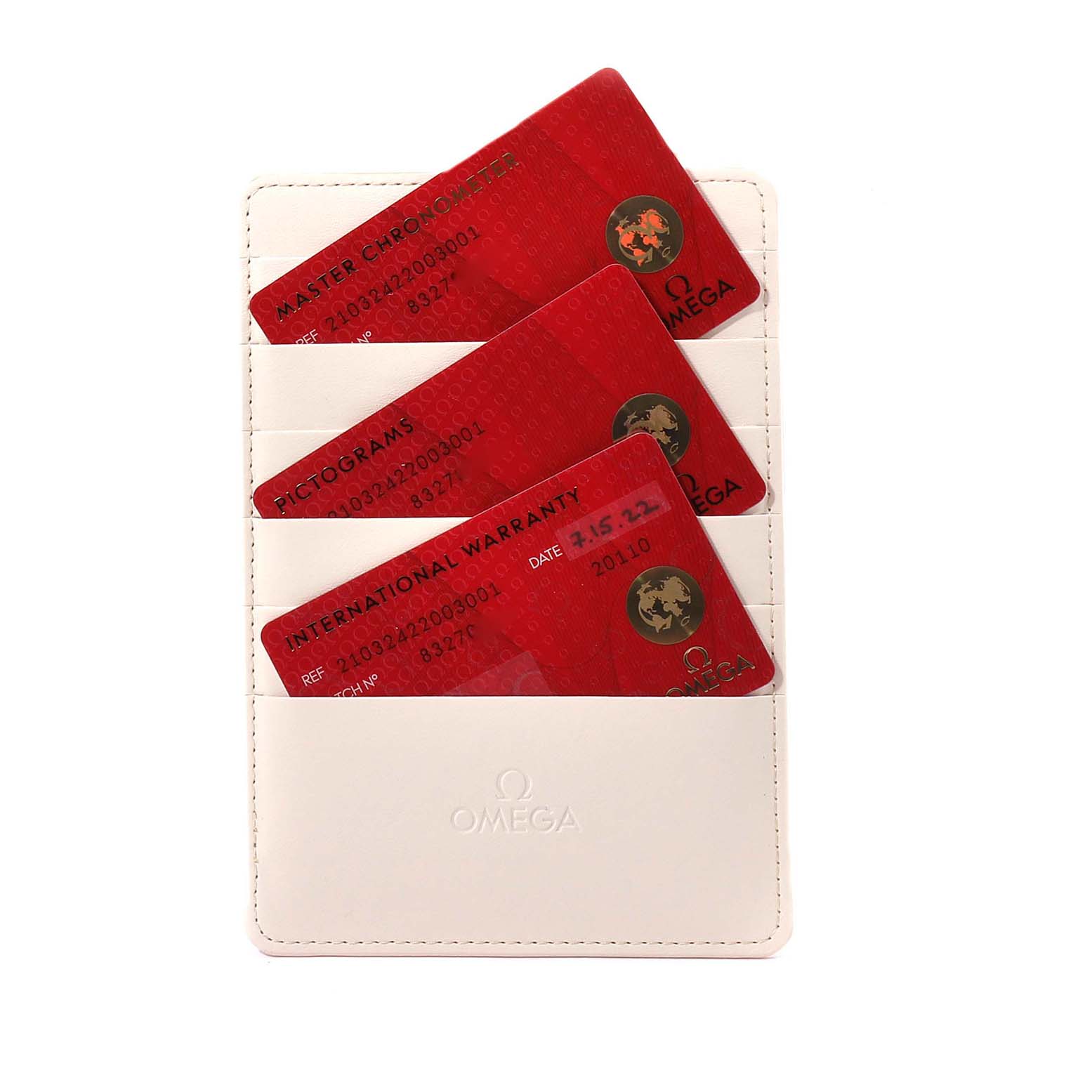 The image shows three red cards (including warranty) for an Omega Seamaster 210.32.42.20.03.001 Men's Stainless Steel Blue Dial 210.32.42.20.03.001 Men's Stainless Steel Blue Dial watch in a white cardholder.