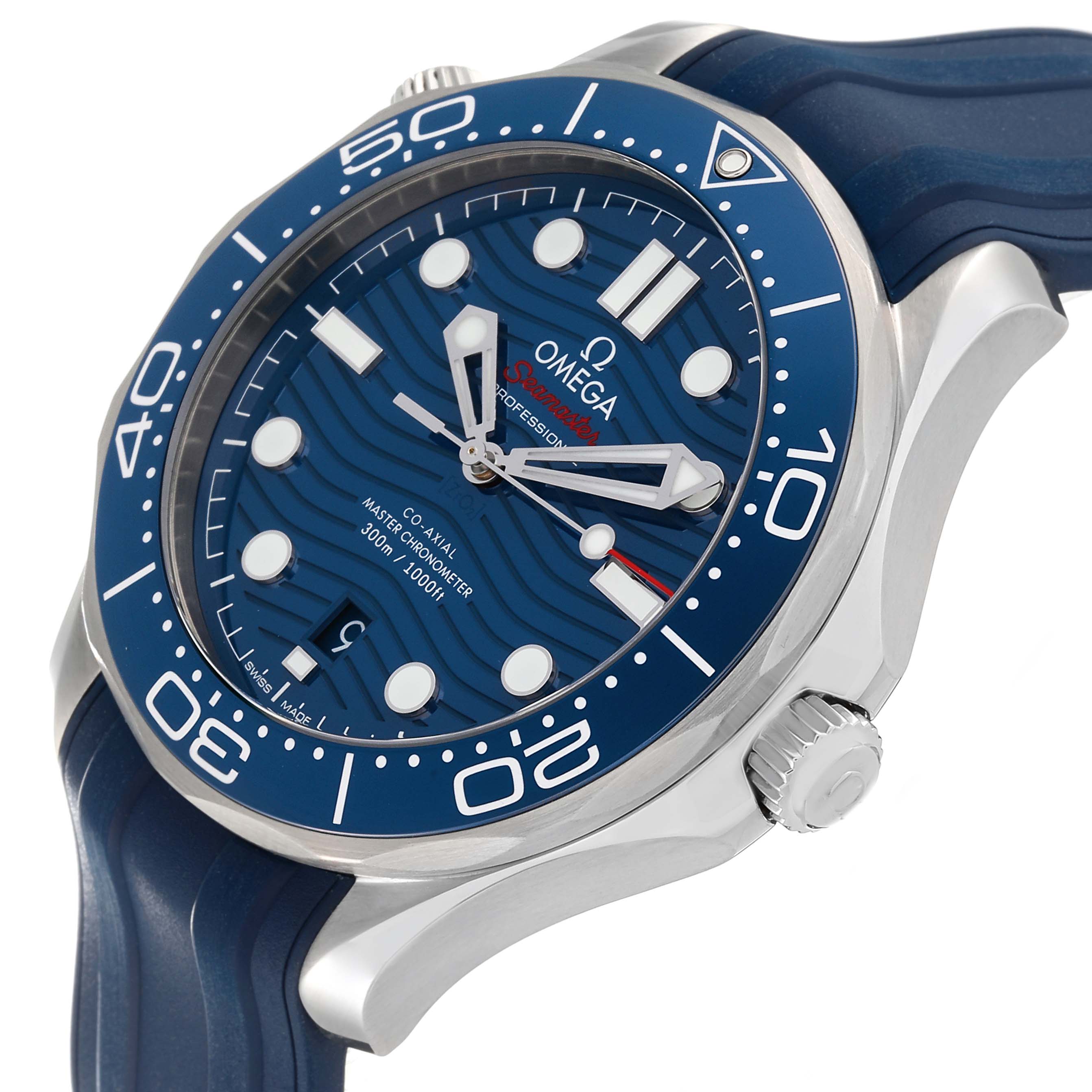 The Omega Seamaster 210.32.42.20.03.001 Men's Stainless Steel Blue Dial 210.32.42.20.03.001 Men's Stainless Steel Blue Dial watch is shown in a close-up angled view, highlighting the bezel, crown, and rubber strap.