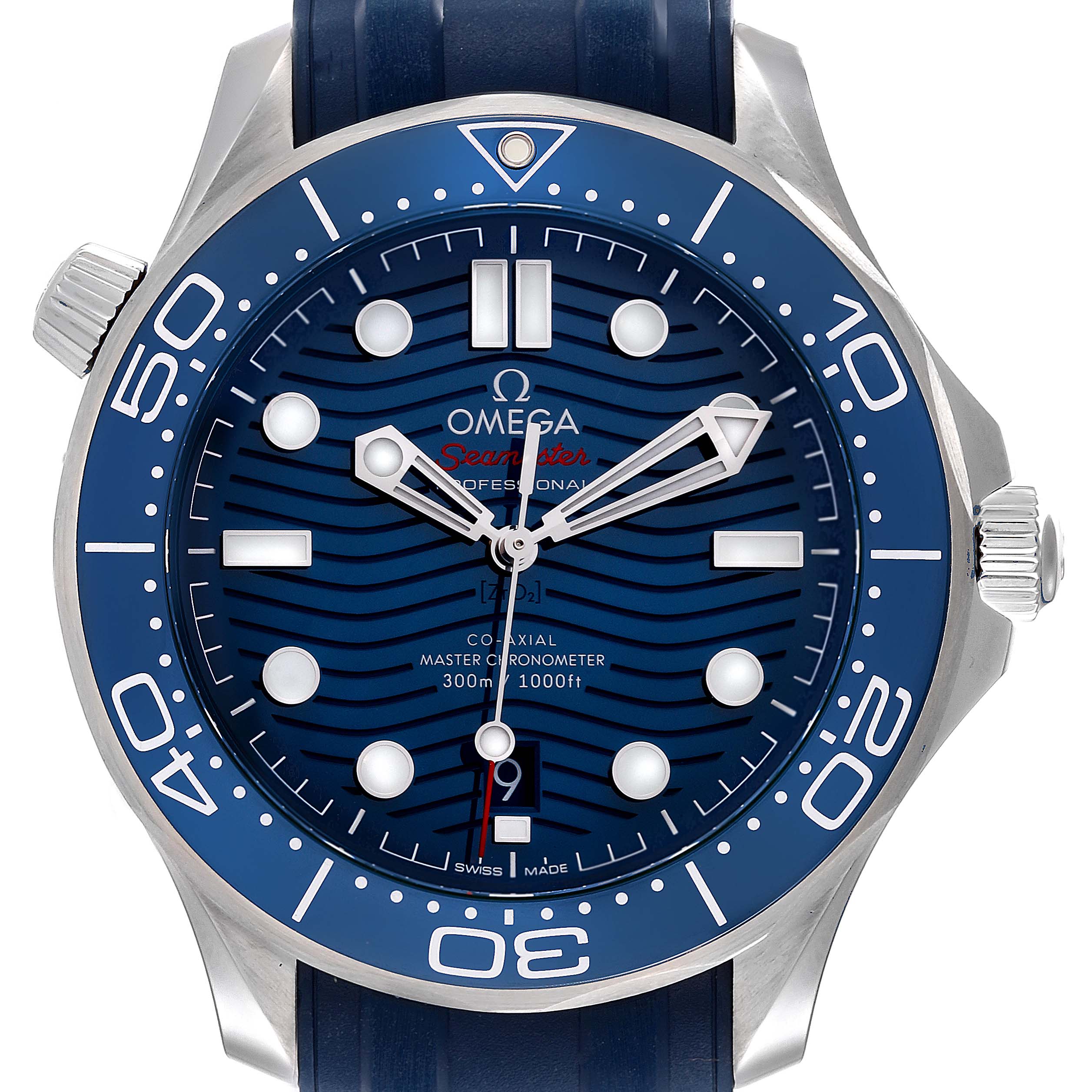 This image shows a frontal view of the Omega Seamaster 210.32.42.20.03.001 Men's Stainless Steel Blue Dial 210.32.42.20.03.001 Men's Stainless Steel Blue Dial watch face, bezel, and strap with visible hands and markers.