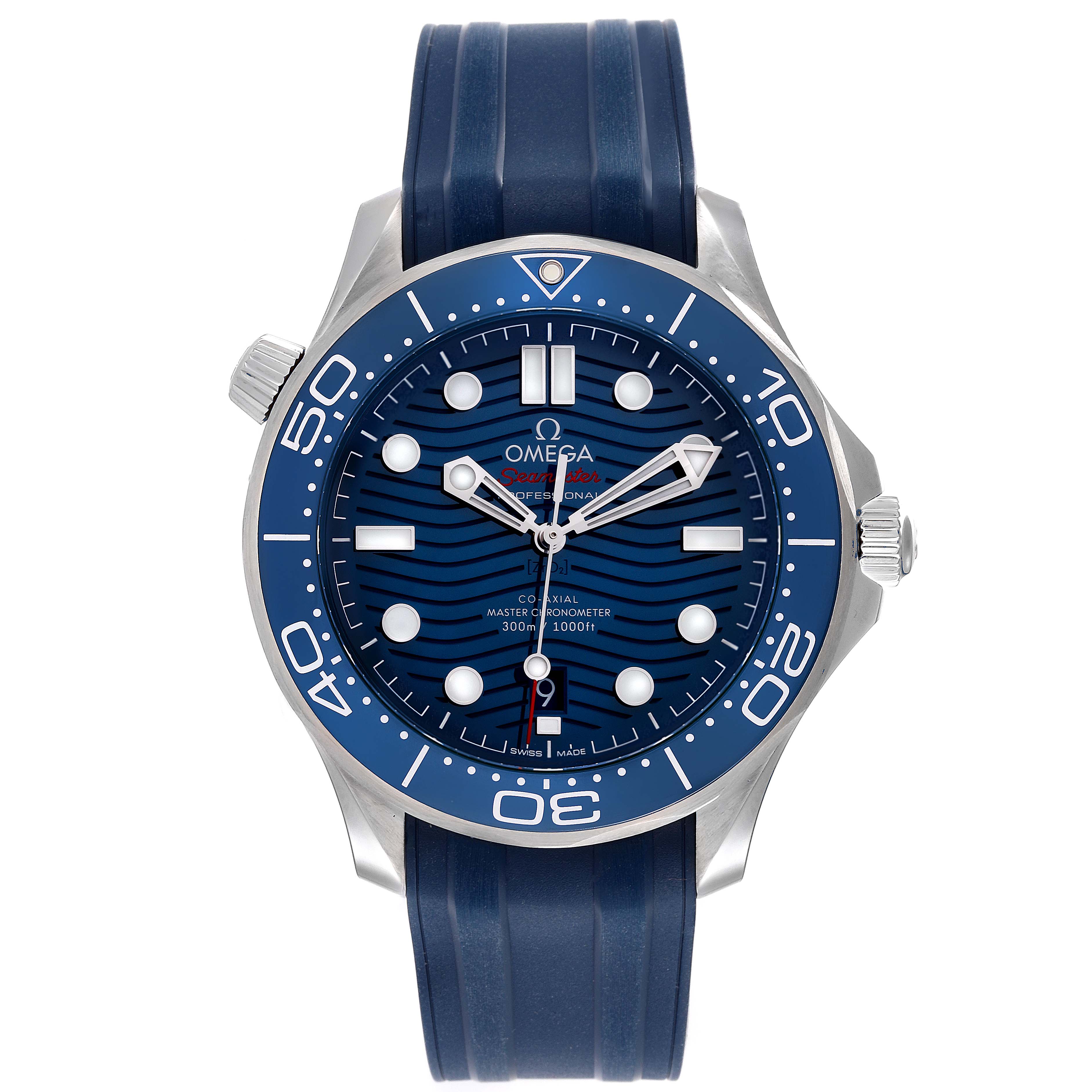 The image shows a front view of the Omega Seamaster 210.32.42.20.03.001 Men's Stainless Steel Blue Dial 210.32.42.20.03.001 Men's Stainless Steel Blue Dial watch with a blue dial and bezel, and a blue rubber strap.