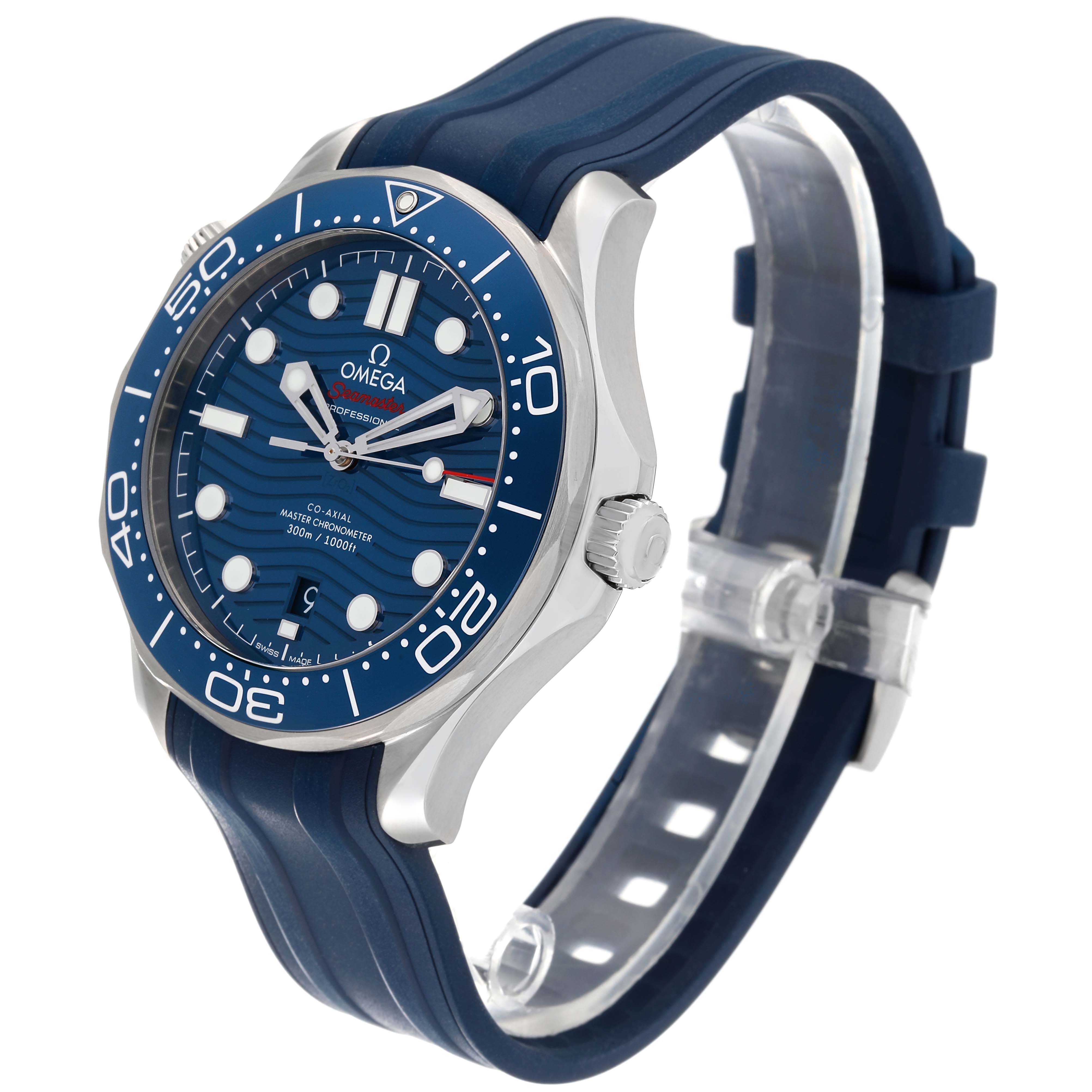 The Omega Seamaster 210.32.42.20.03.001 Men's Stainless Steel Blue Dial 210.32.42.20.03.001 Men's Stainless Steel Blue Dial watch is shown at a three-quarter angle, displaying the face, bezel, crown, and part of the strap.